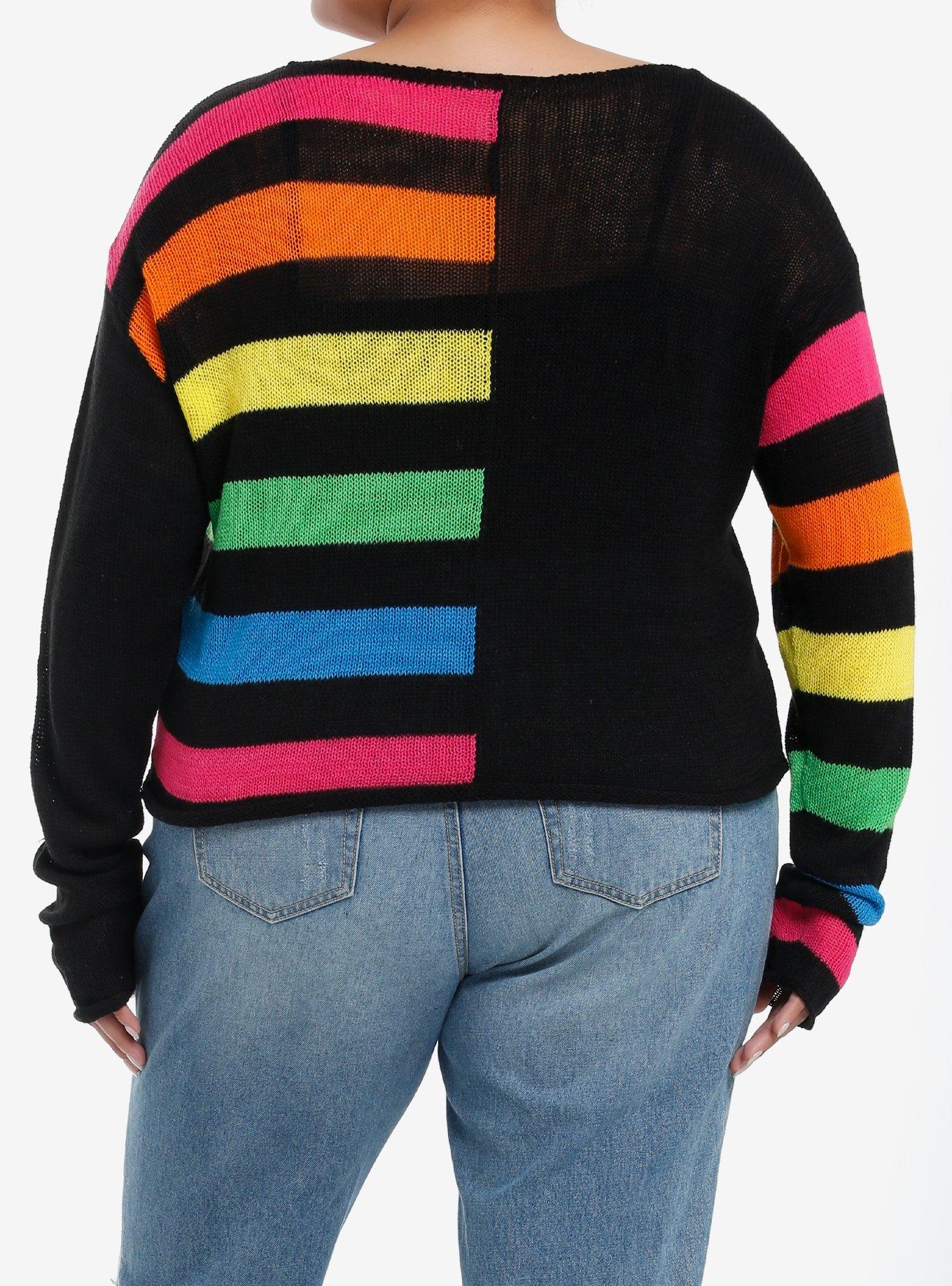 Social Collision Split Rainbow Boxy Knit Sweater Plus Size, RAINBOW, alternate