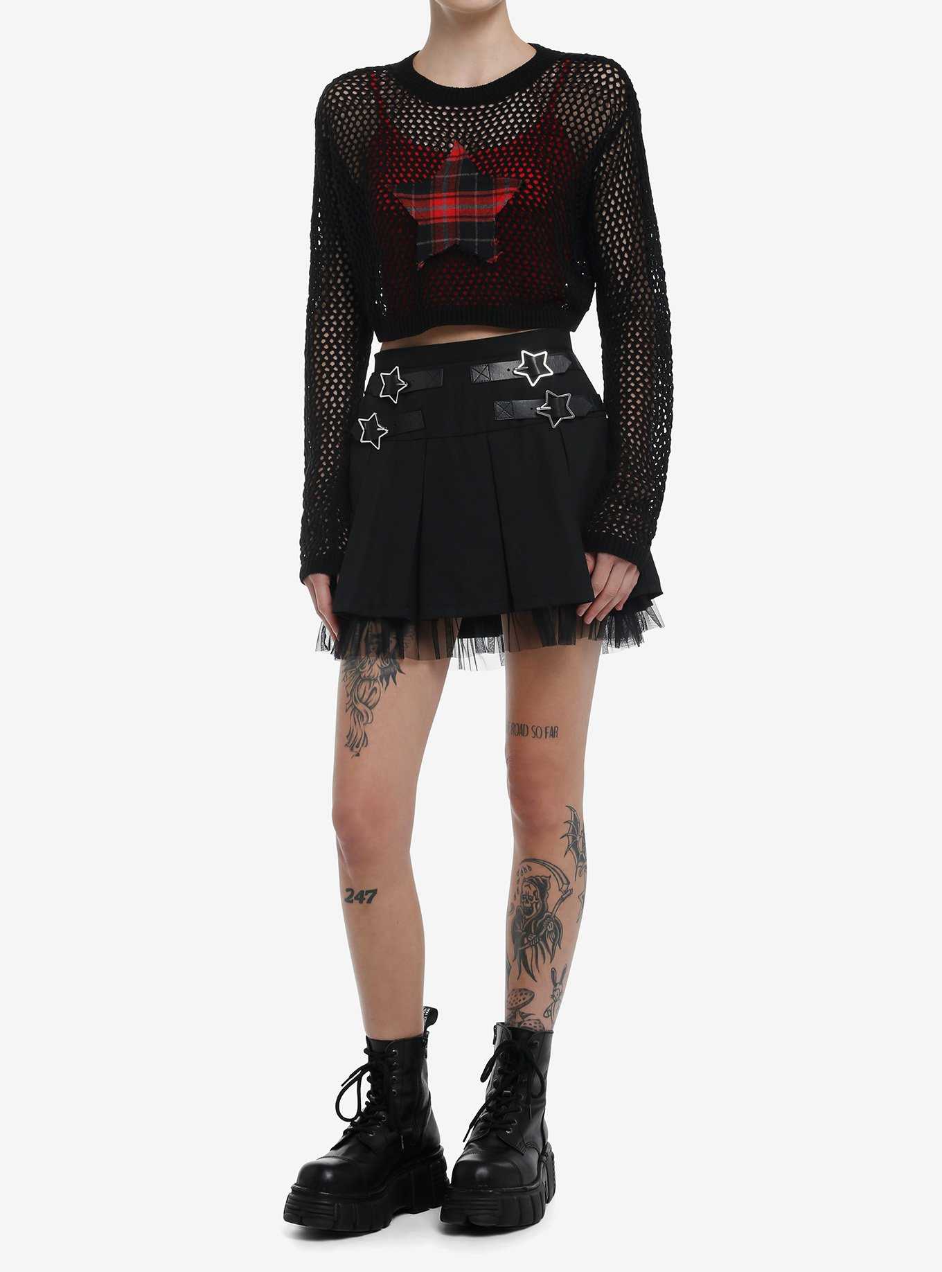 Social Collision Red Plaid Star Fishnet Girls Crop Sweater, , hi-res