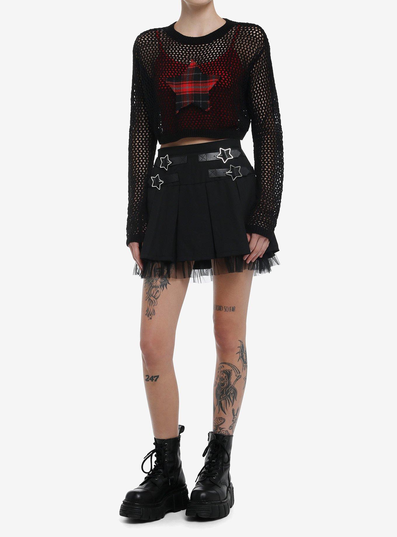 Social Collision Red Plaid Star Fishnet Girls Crop Sweater, , hi-res