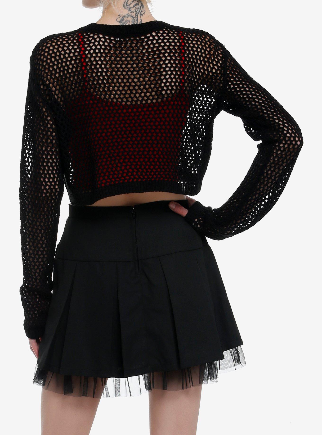 Social Collision Red Plaid Star Fishnet Girls Crop Sweater, RED, alternate