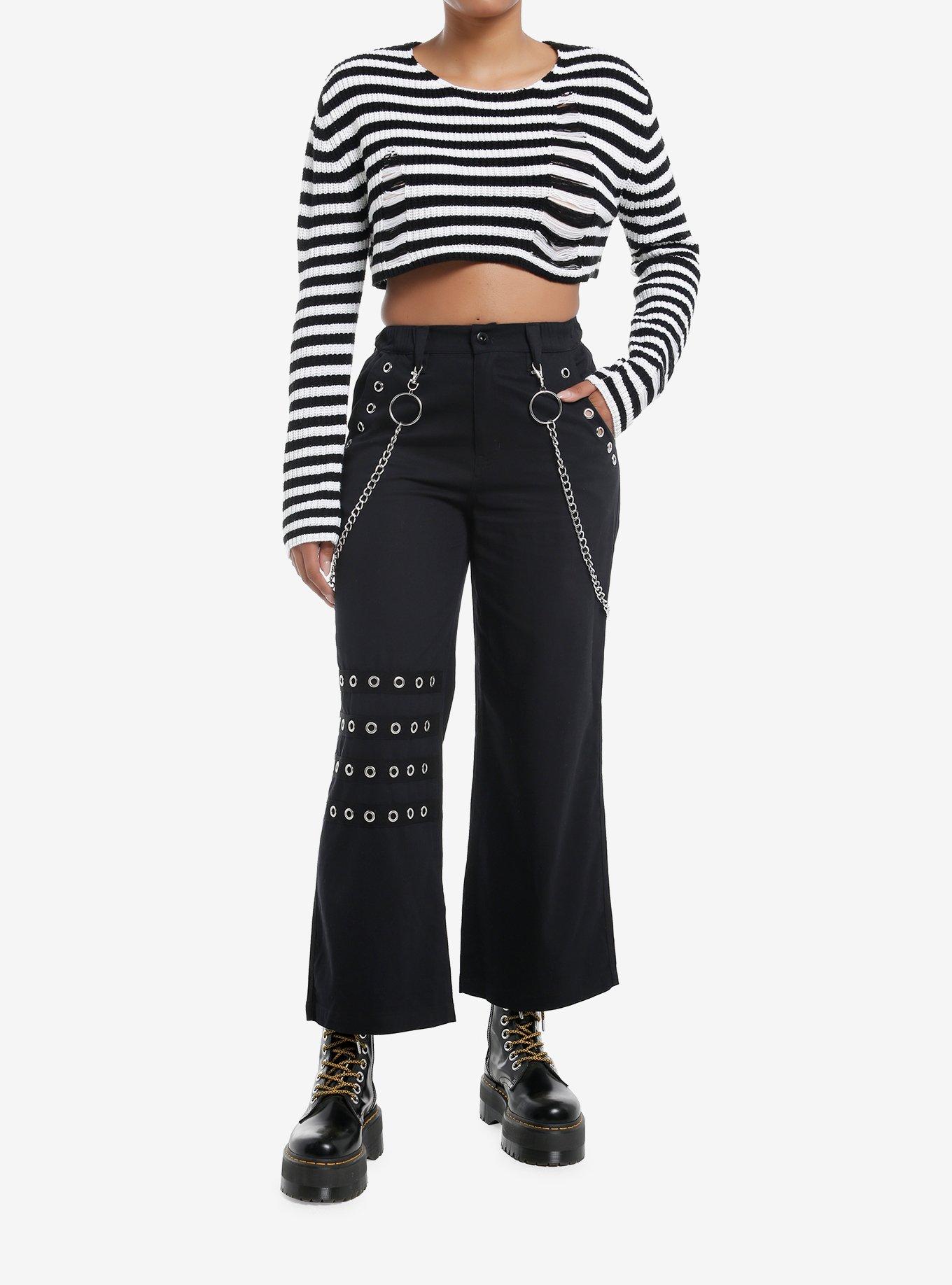 Social Collision Black & White Stripe Destructed Girls Crop Sweater, BLACK, alternate
