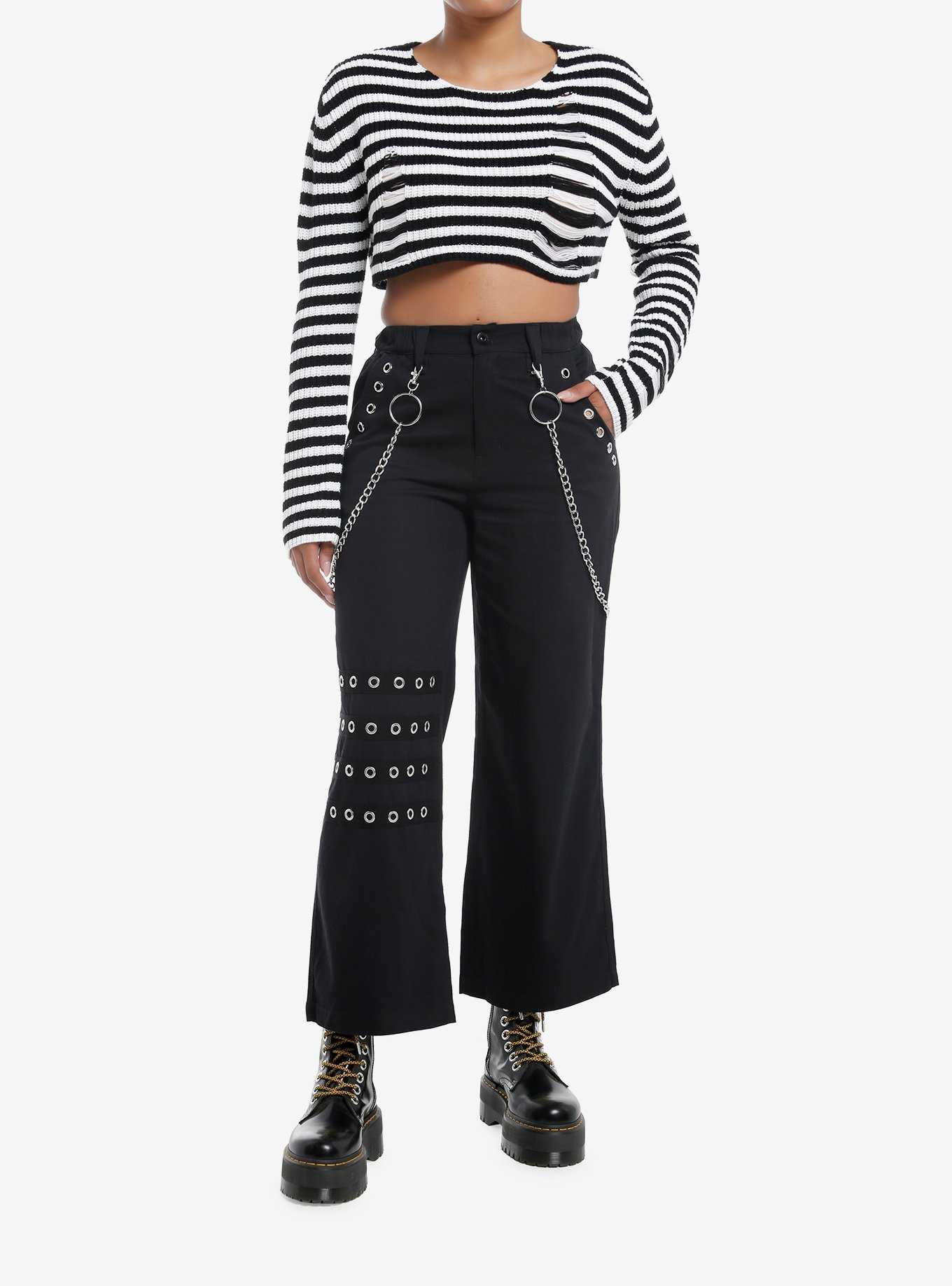 Social Collision Black & White Stripe Destructed Girls Crop Sweater, , hi-res