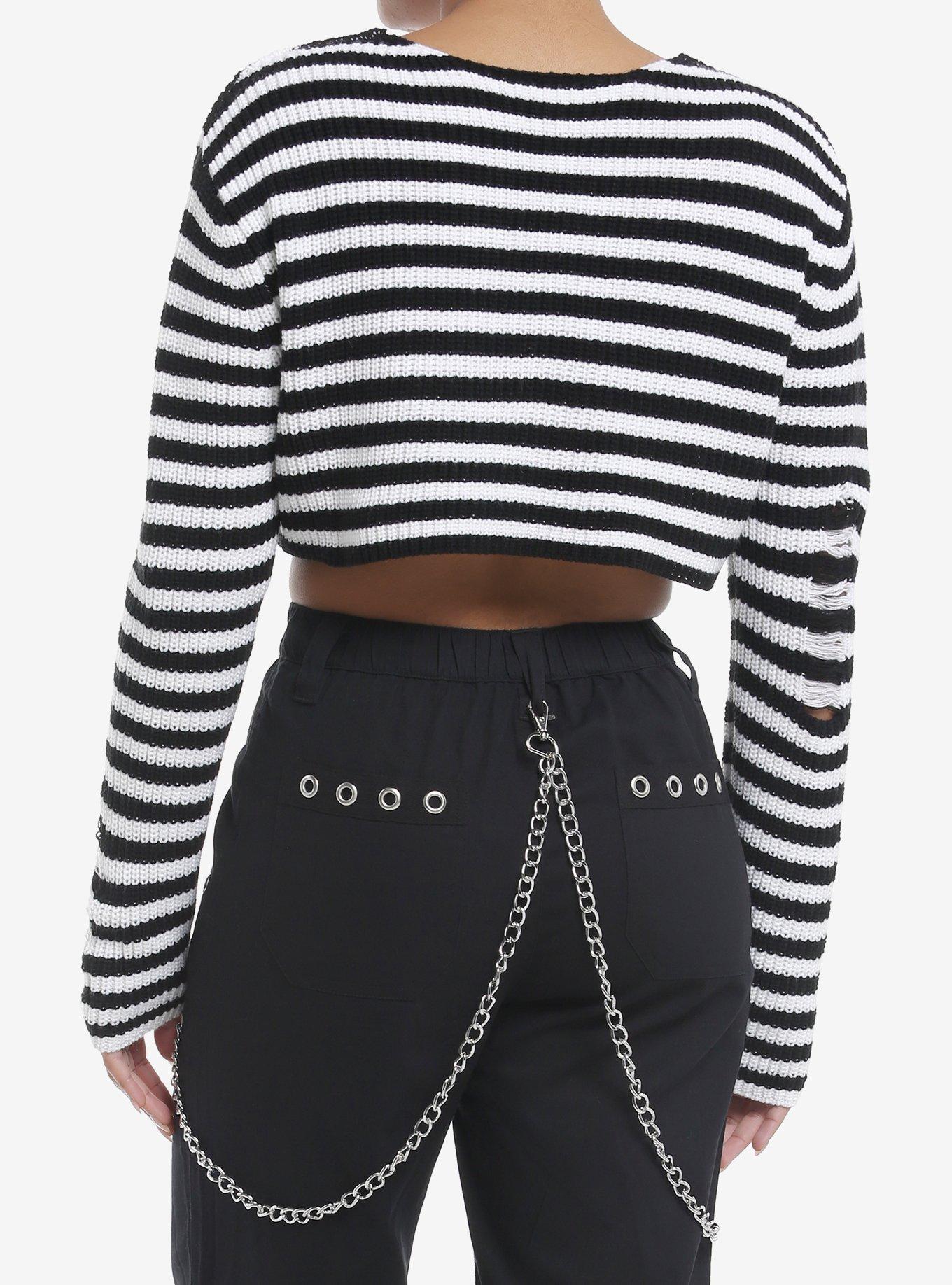 Social Collision Black & White Stripe Destructed Girls Crop Sweater, BLACK, alternate