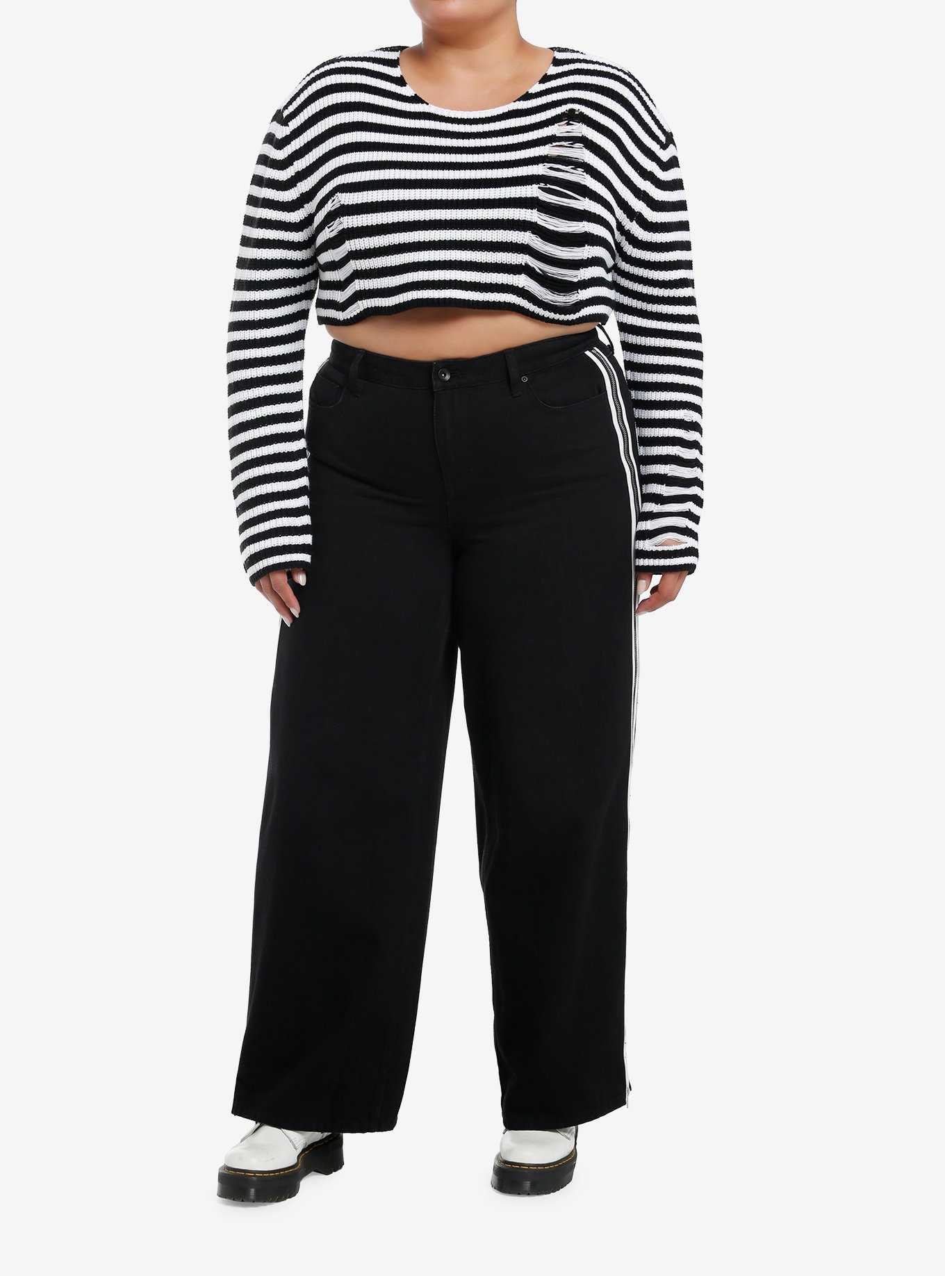 Social Collision Black & White Stripe Destructed Girls Crop Sweater Plus Size, , hi-res