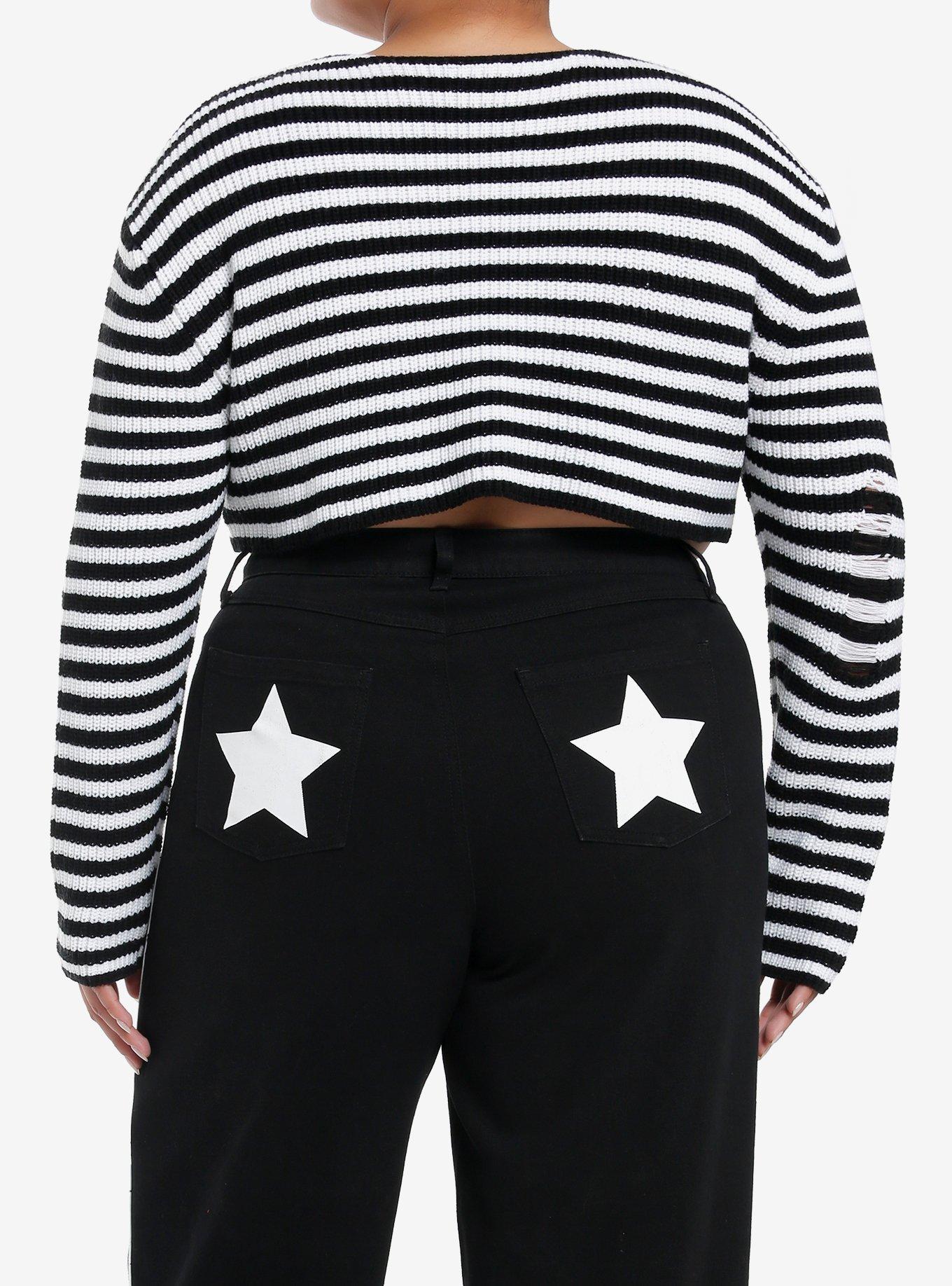 Social Collision Black & White Stripe Destructed Girls Crop Sweater Plus Size, BLACK, alternate