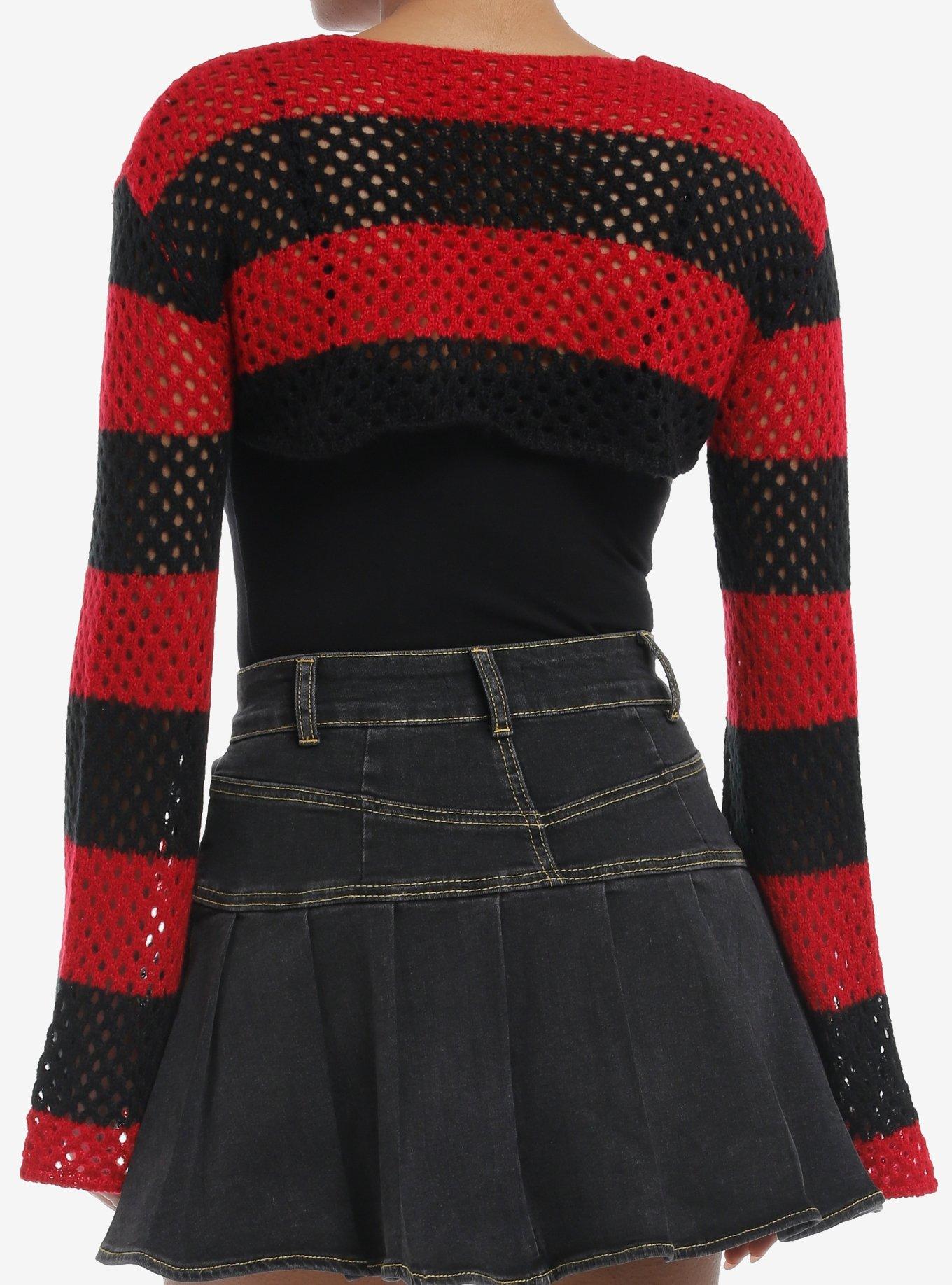 Social Collision Black & Red Stripe Bolero Girls Crop Shrug, BLACK, alternate