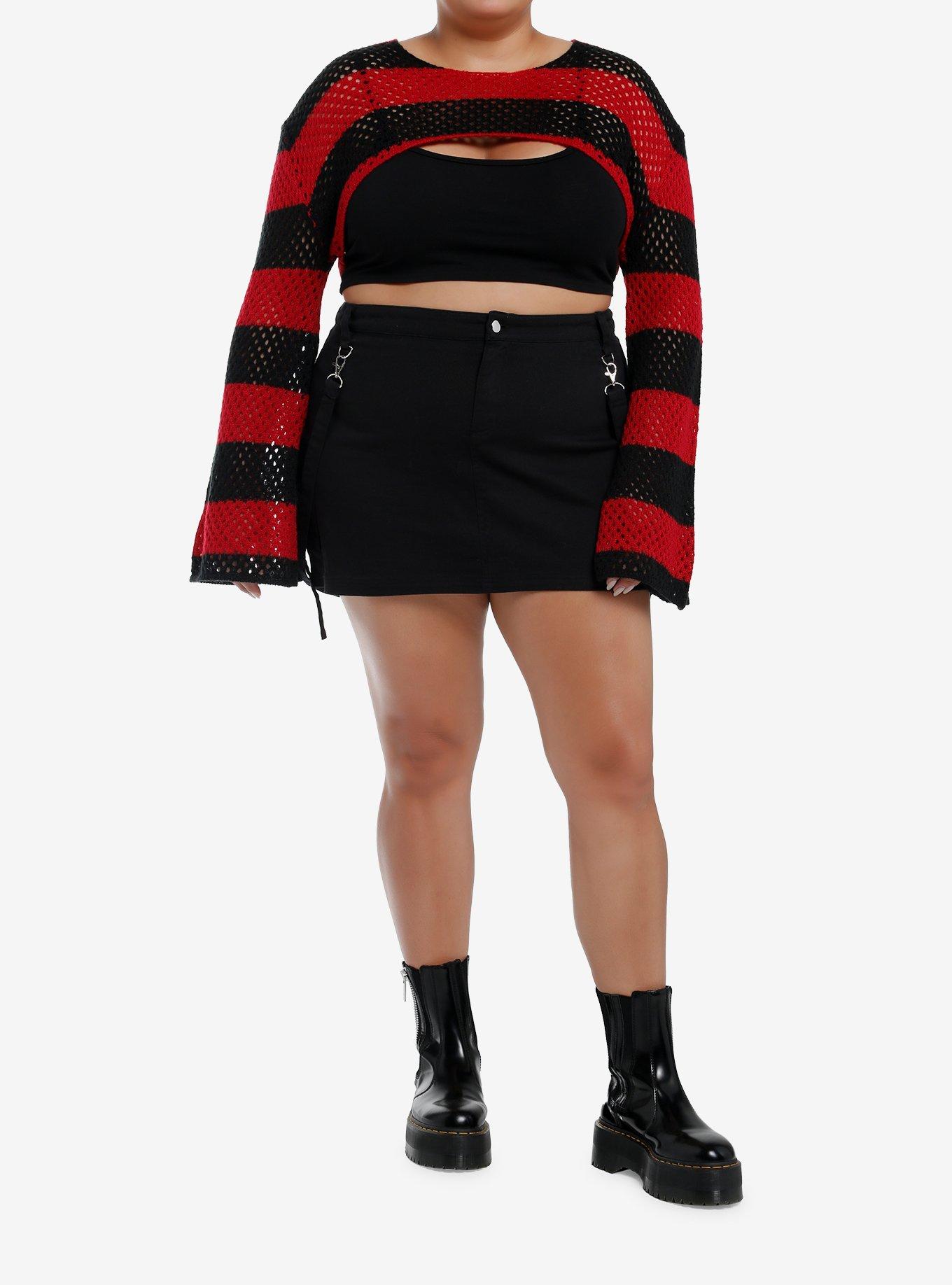 Social Collision Black & Red Stripe Bolero Girls Crop Shrug Plus Size, , hi-res