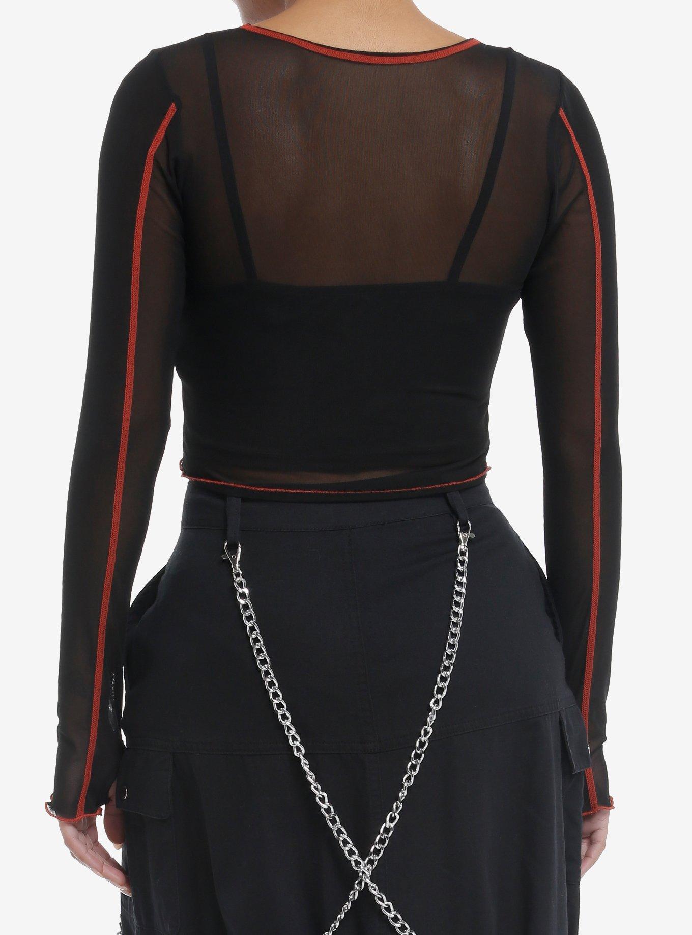 Social Collision Red Star Mesh Crop Girls Twofer Long-Sleeve Top, RED, alternate
