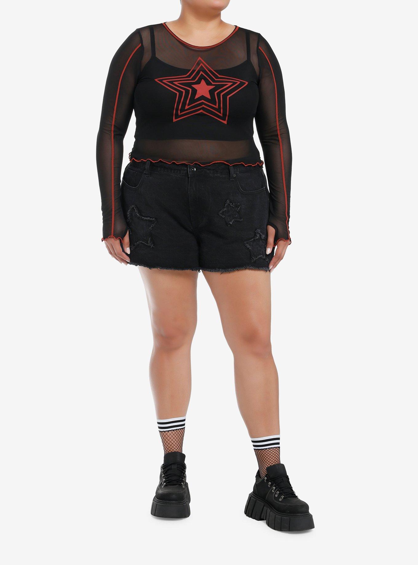 Social Collision Red Star Mesh Girls Crop Long-Sleeve Twofer Plus Size, RED, alternate