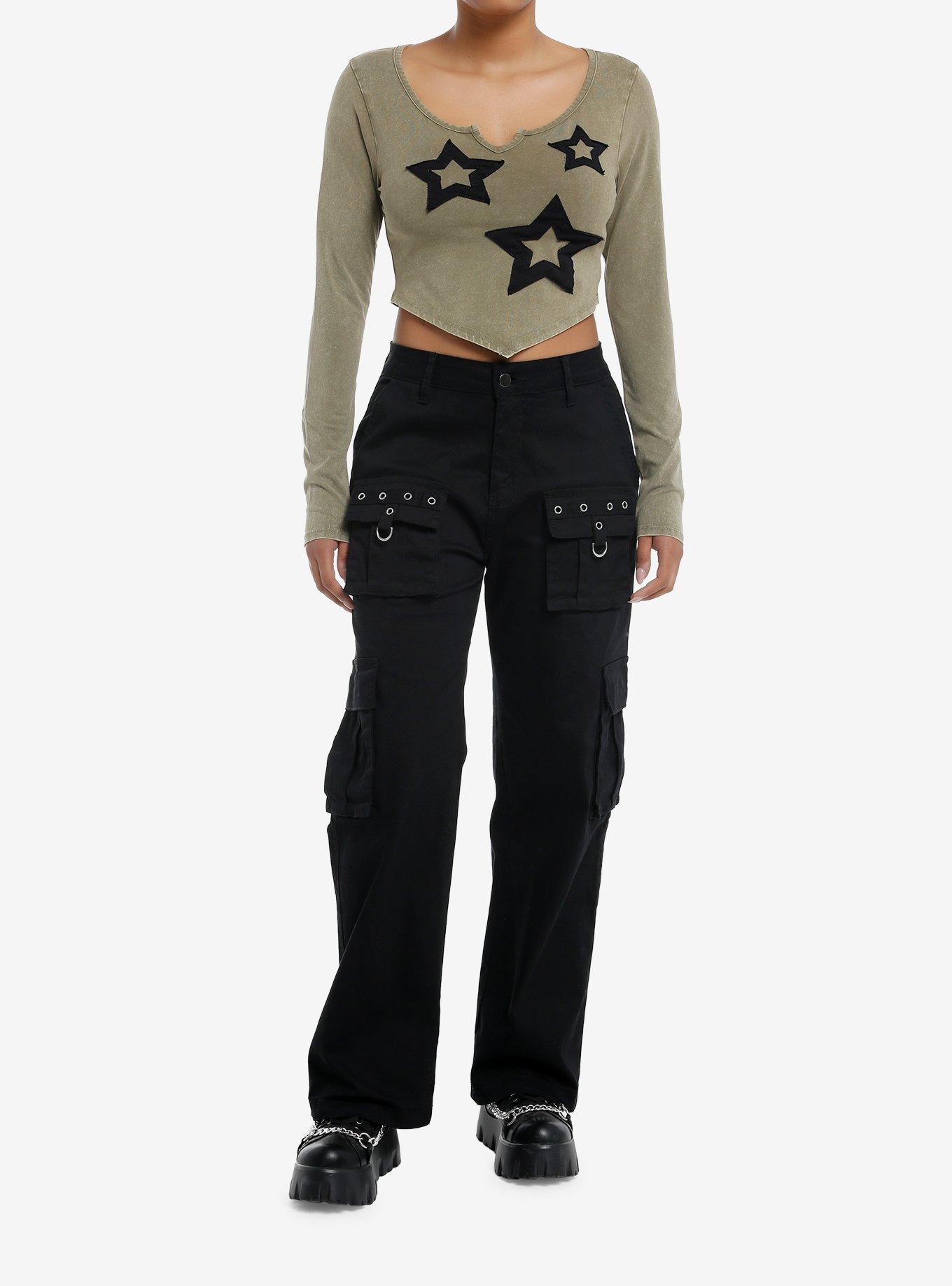 Social Collision Olive Star Patch Girls Crop Long-Sleeve Shirt, BLACK, alternate