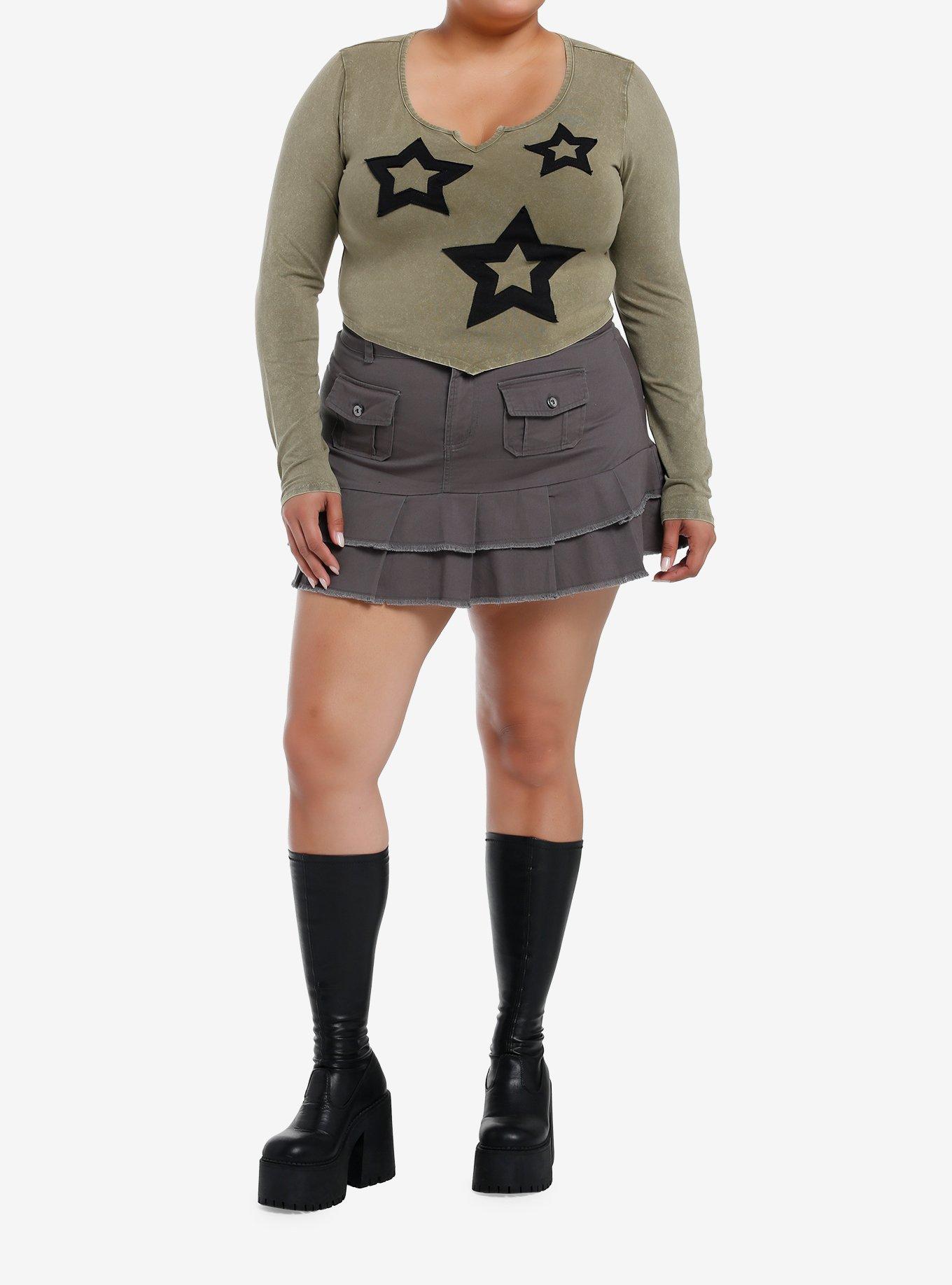 Social Collision Olive Star Patch Girls Crop Long-Sleeve Shirt Plus Size, , hi-res