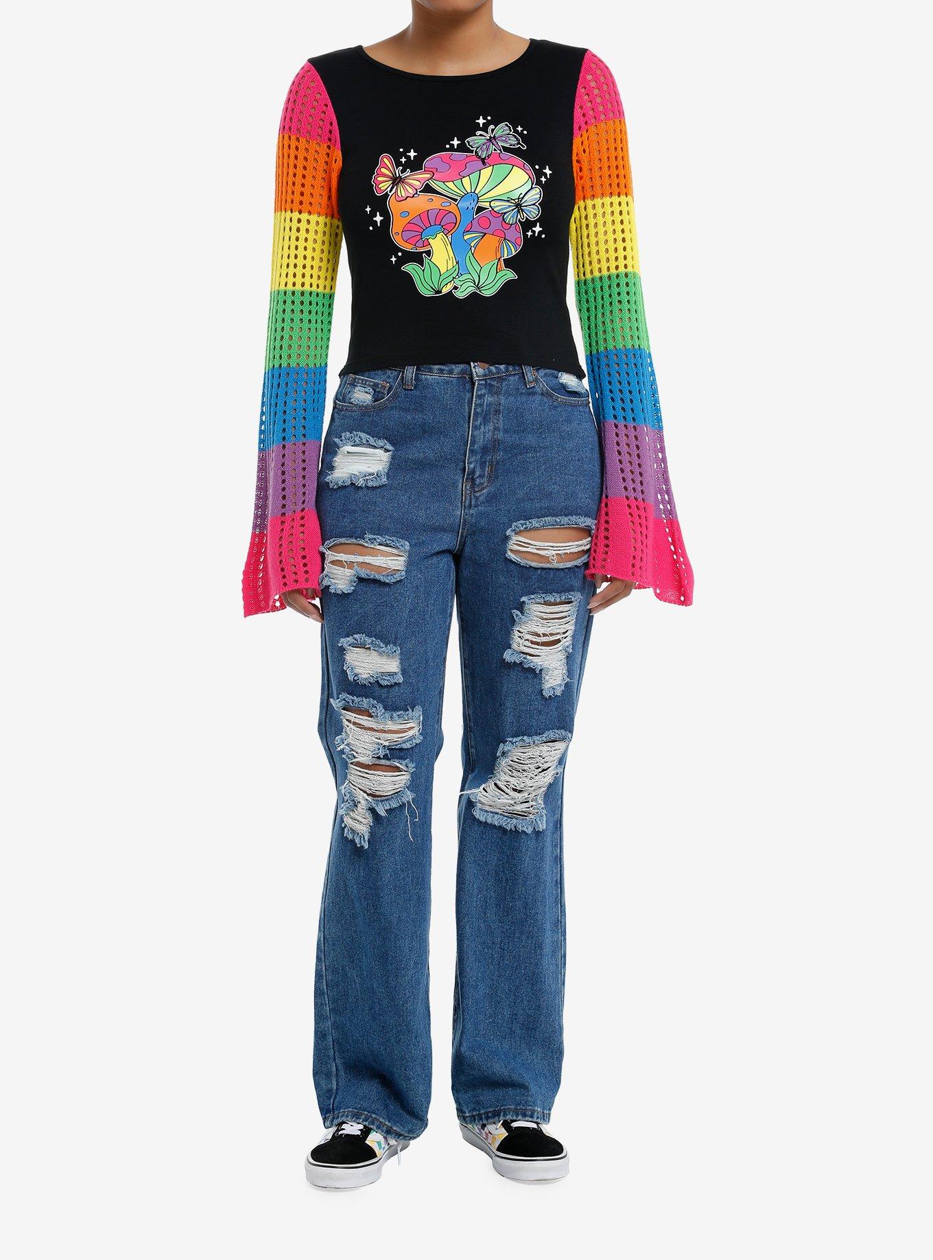 Social Collision Crochet Rainbow Mushroom Long-Sleeve Top, RAINBOW, alternate