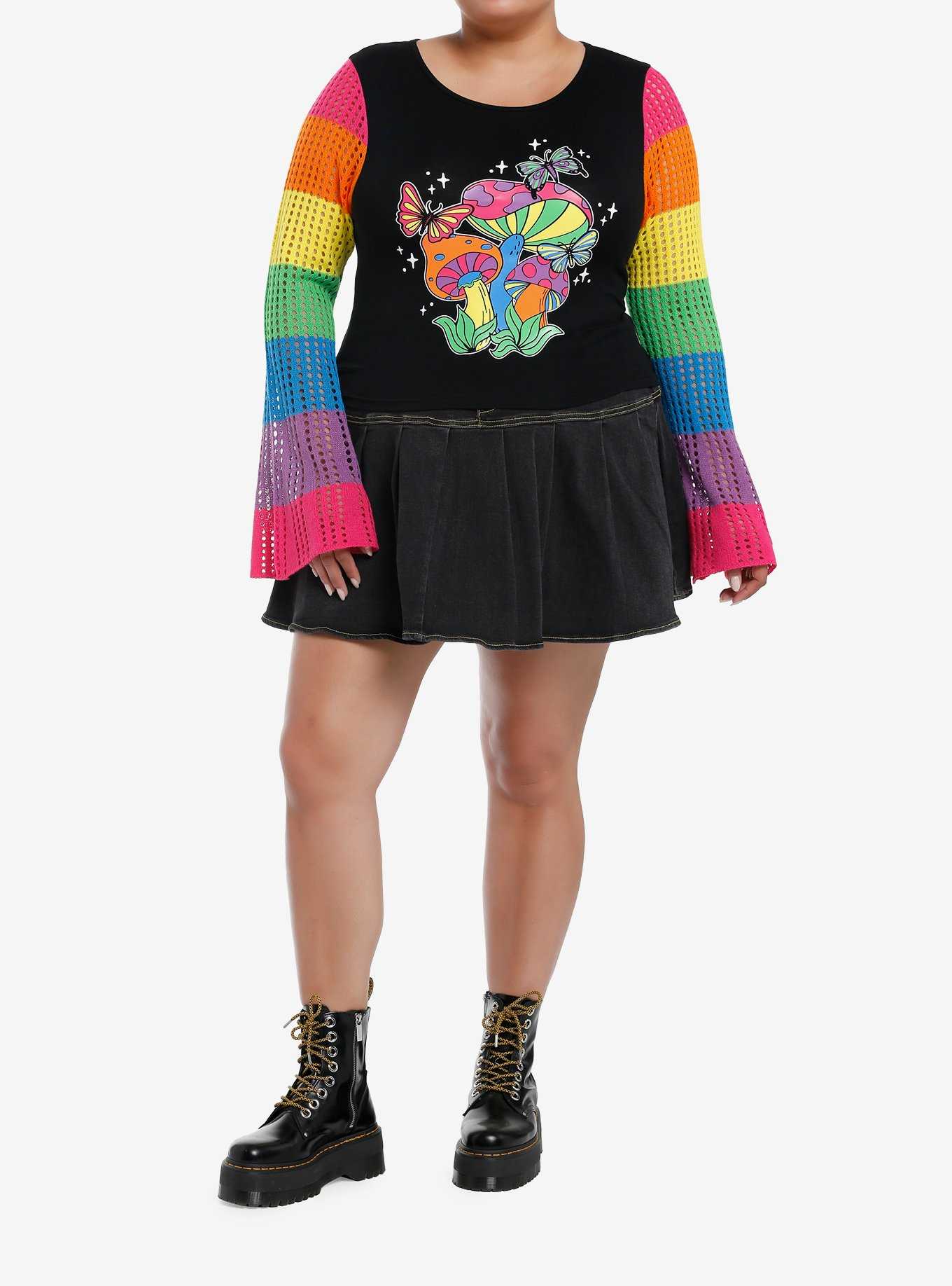 Social Collision Crochet Rainbow Mushroom Long-Sleeve Top Plus Size, , hi-res