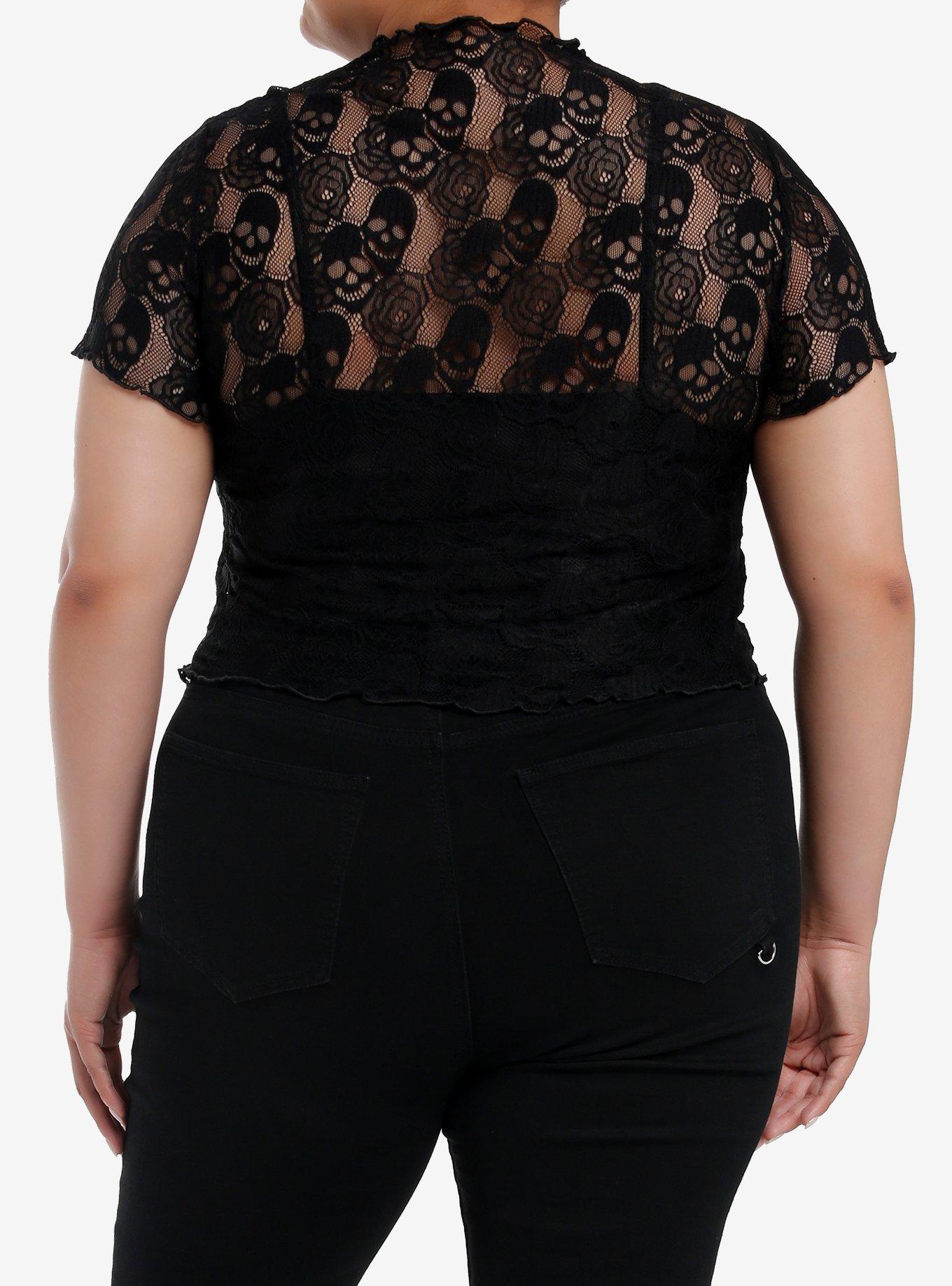 Daisy Street Black Skull Lace Girls Twofer Top Plus Size, BLACK, alternate