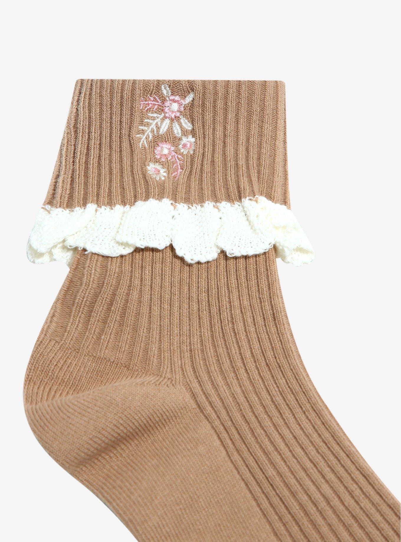 Taupe Floral Lace Ankle Socks, , hi-res