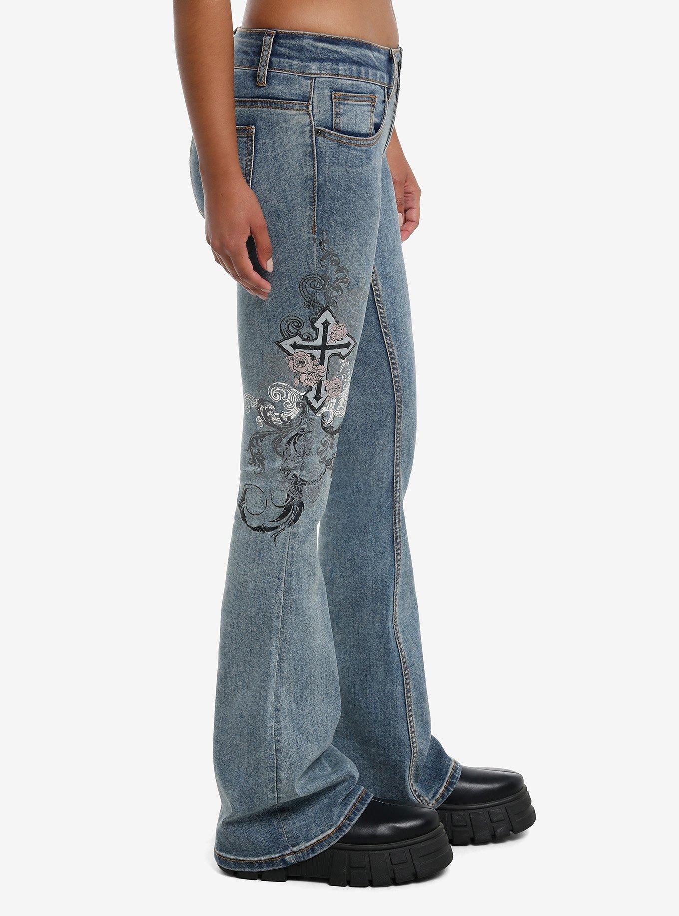 Gothic Cross Y2K Low-Rise Jeans, INDIGO, alternate