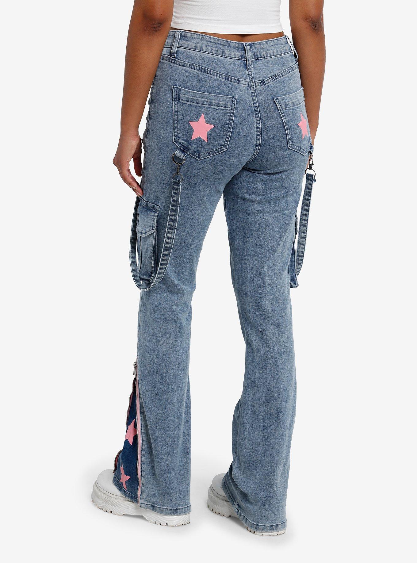Pink Star Suspender Low Rise Jeans, PINK, alternate