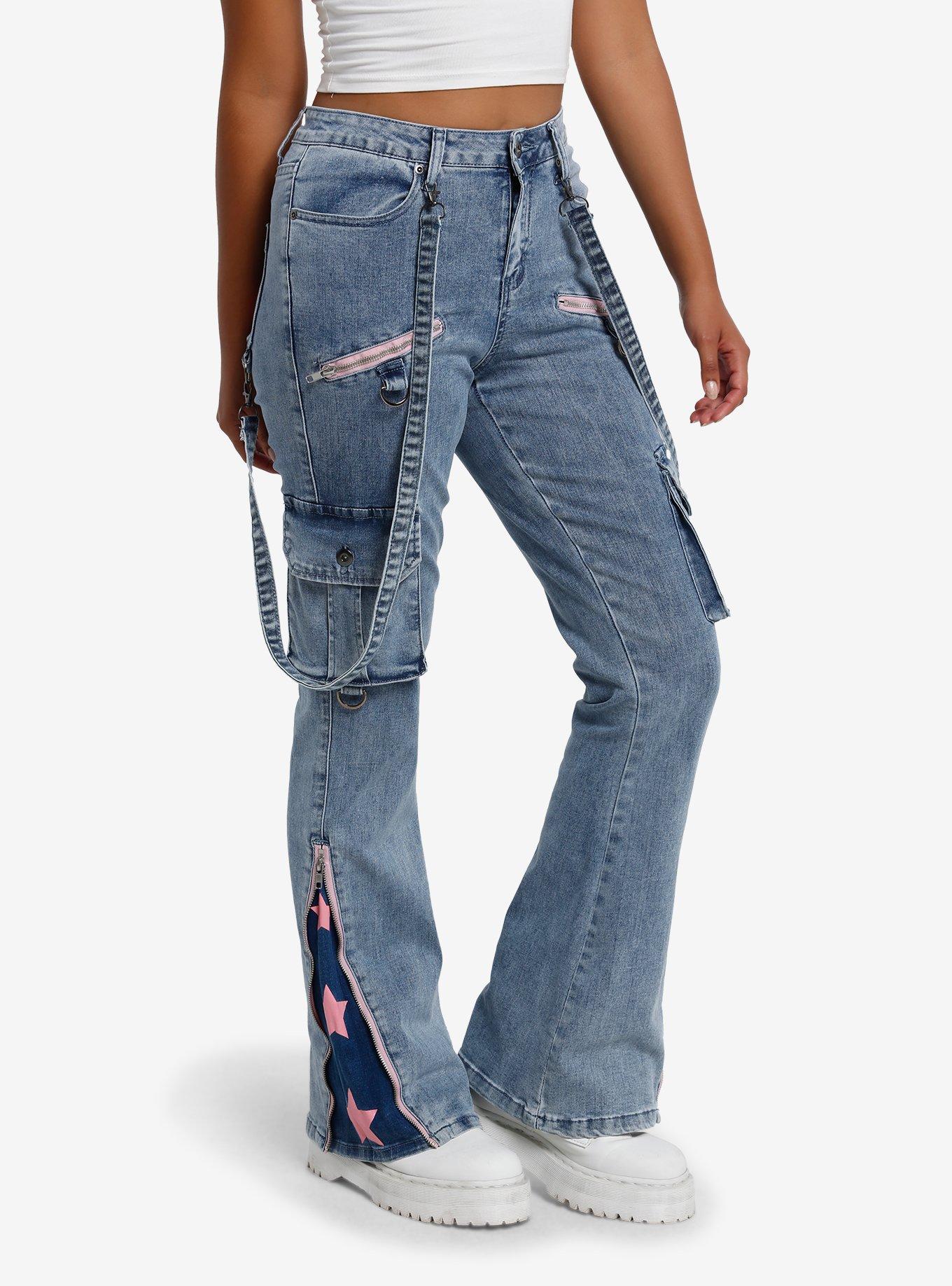 Pink Star Suspender Low Rise Jeans, PINK, alternate