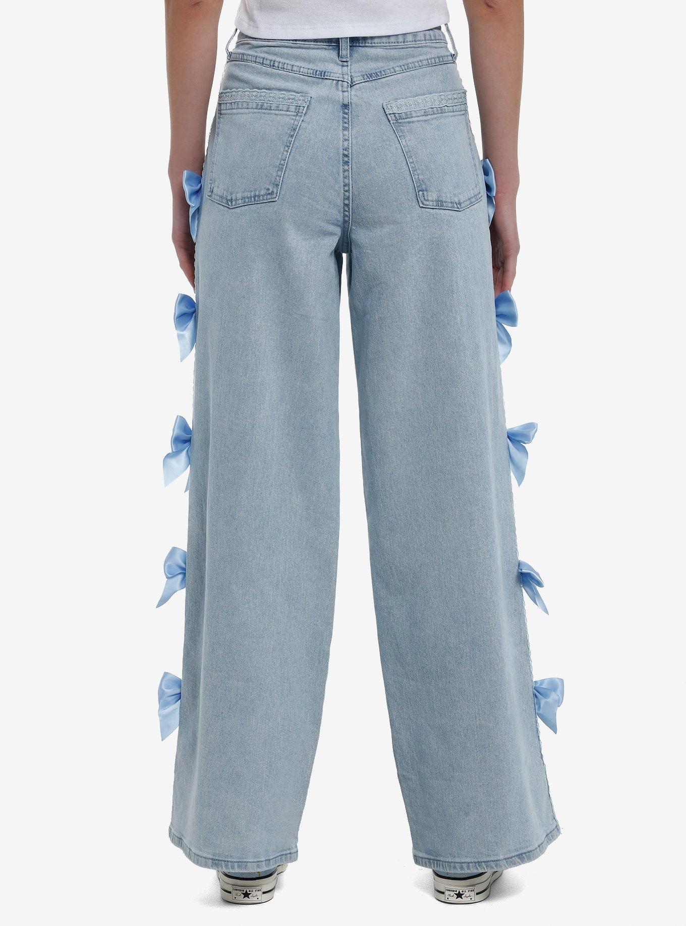 Sweet Society Light Indigo Blue Bow Wide Leg Jeans, INDIGO, alternate