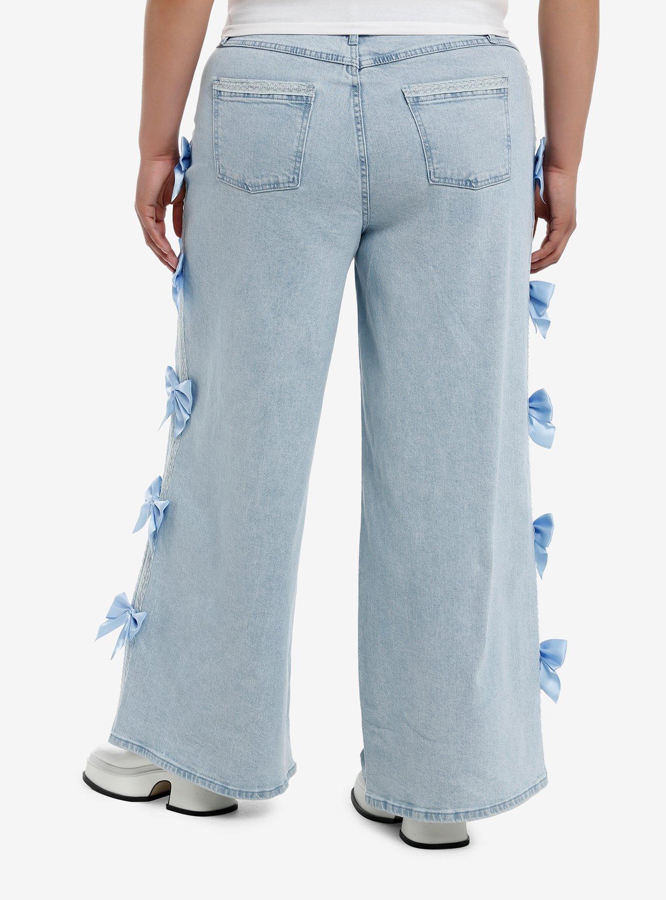 Sweet Society Light Indigo Blue Bow Wide Leg Jeans Plus Size, , hi-res