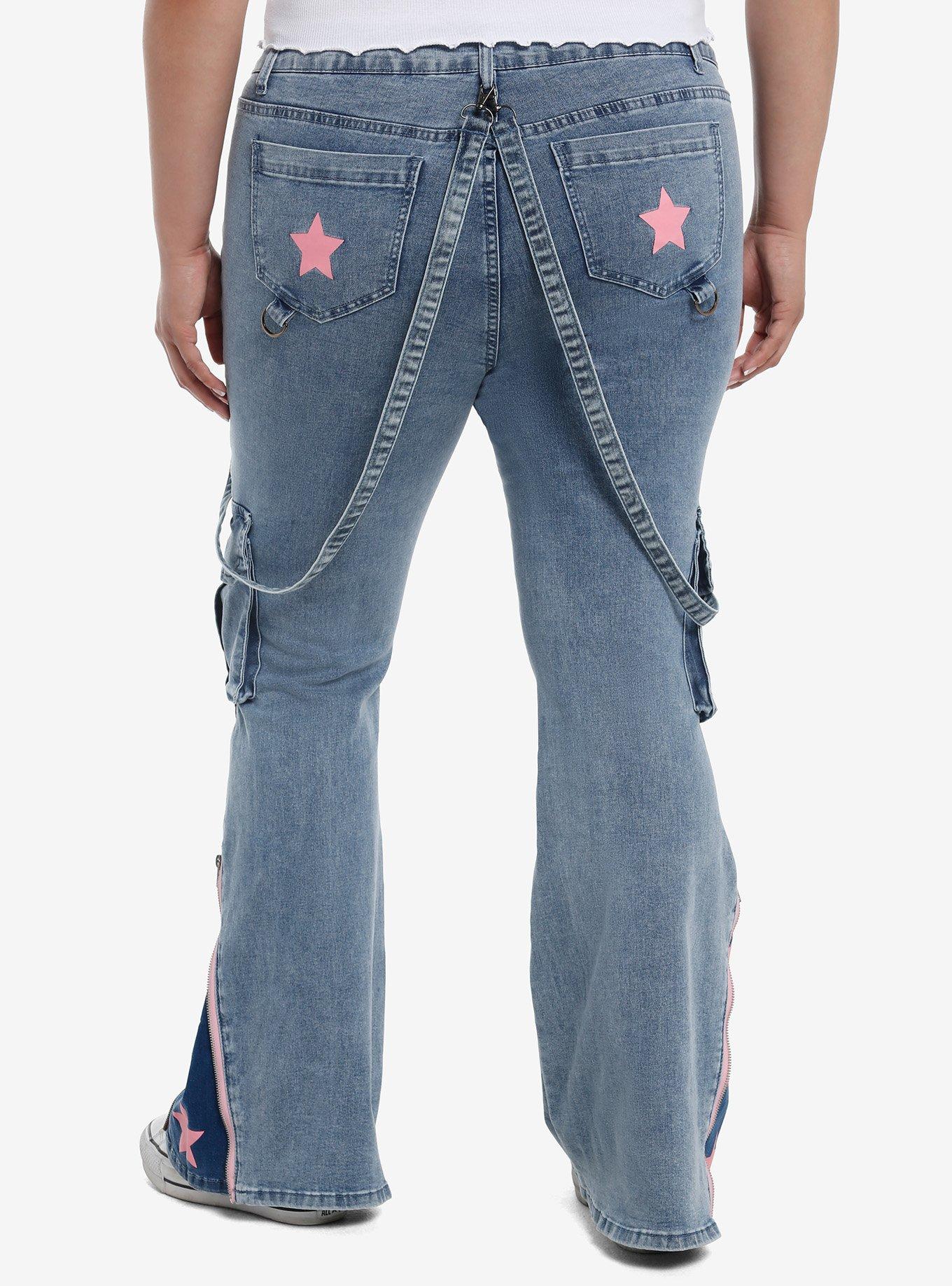 Pink Star Suspender Low Rise Jeans Plus Size, , hi-res