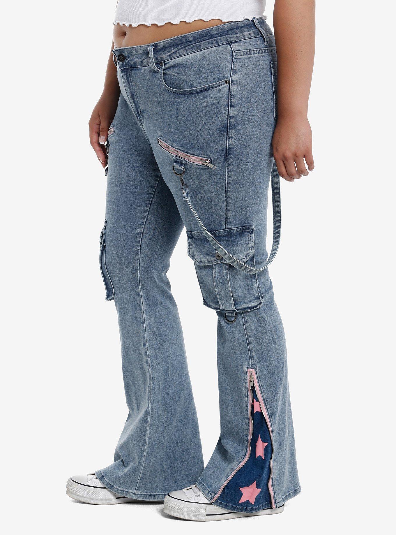Pink Star Suspender Low Rise Jeans Plus Size, PINK, alternate