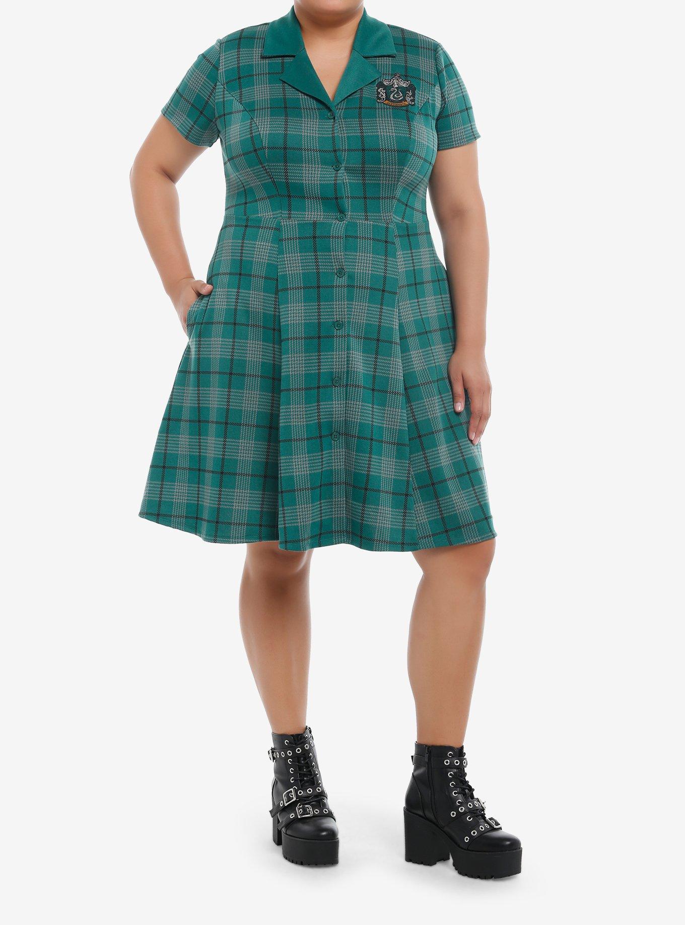 Her Universe Harry Potter Slytherin House Plaid Dress Plus Size, PLAID - GREEN, alternate