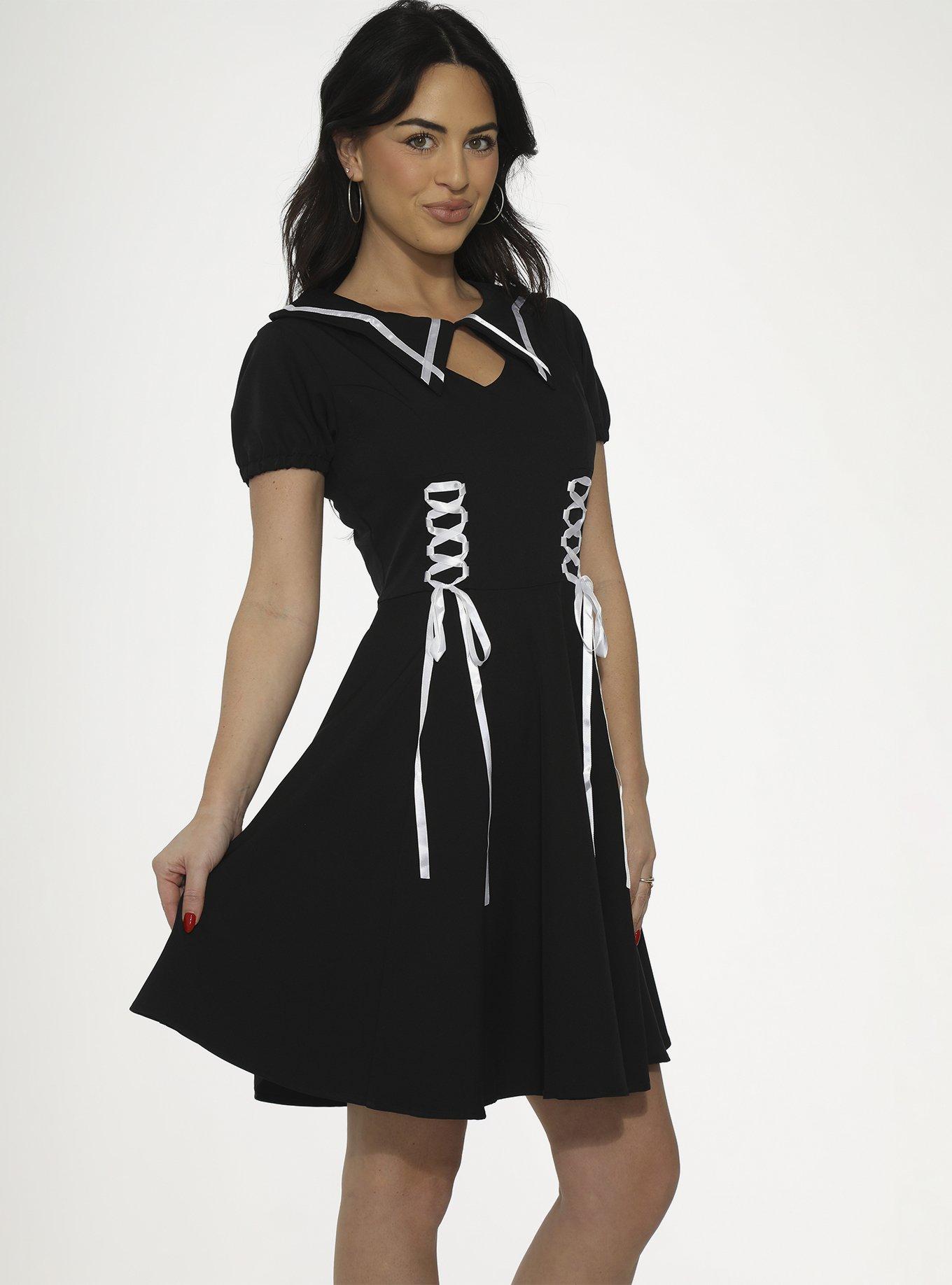 Black White Trim Dress, BLACK  WHITE, alternate