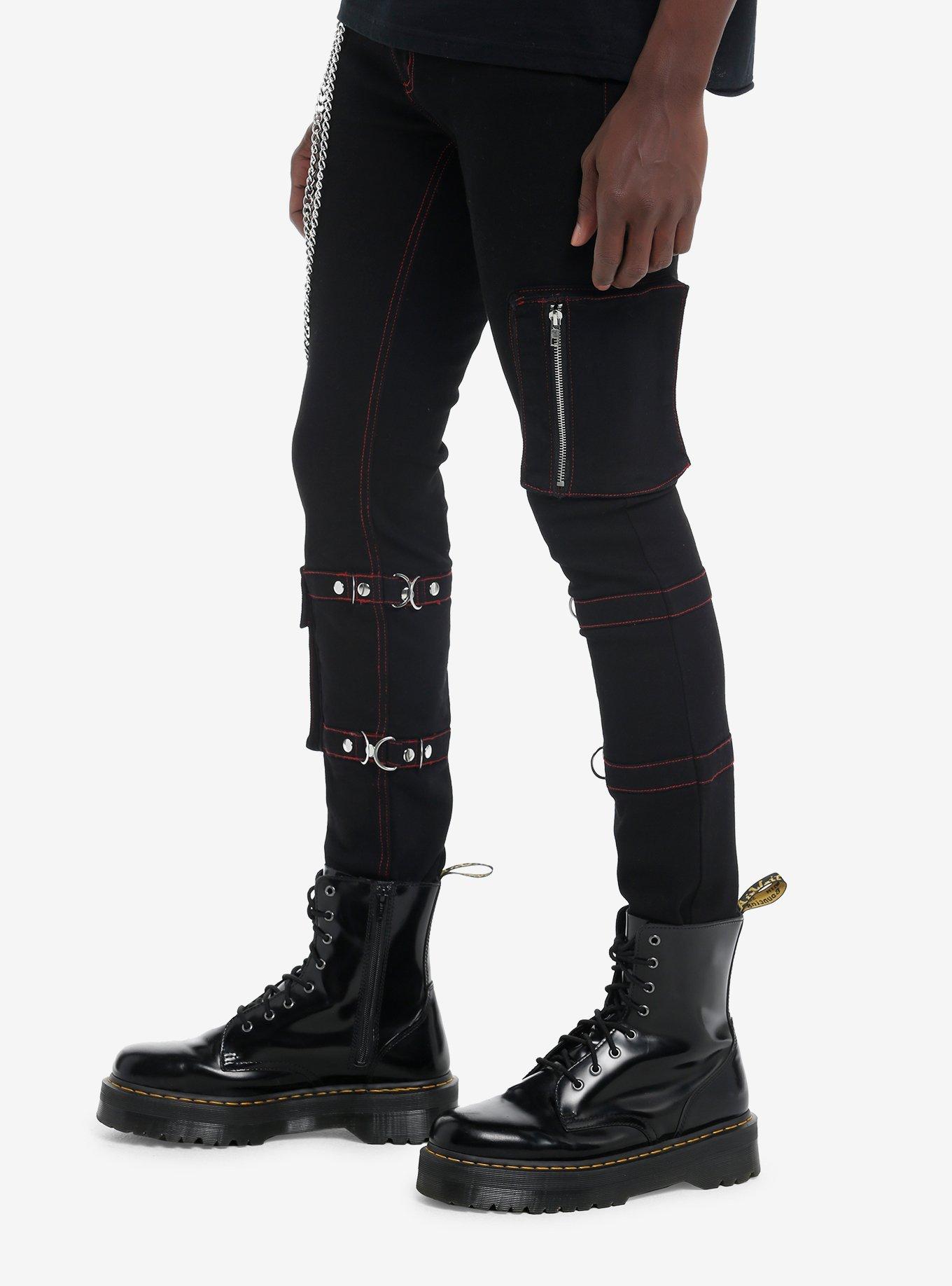Social Collision Black Hardware Pocket Chain Stinger Jeans, RED, alternate
