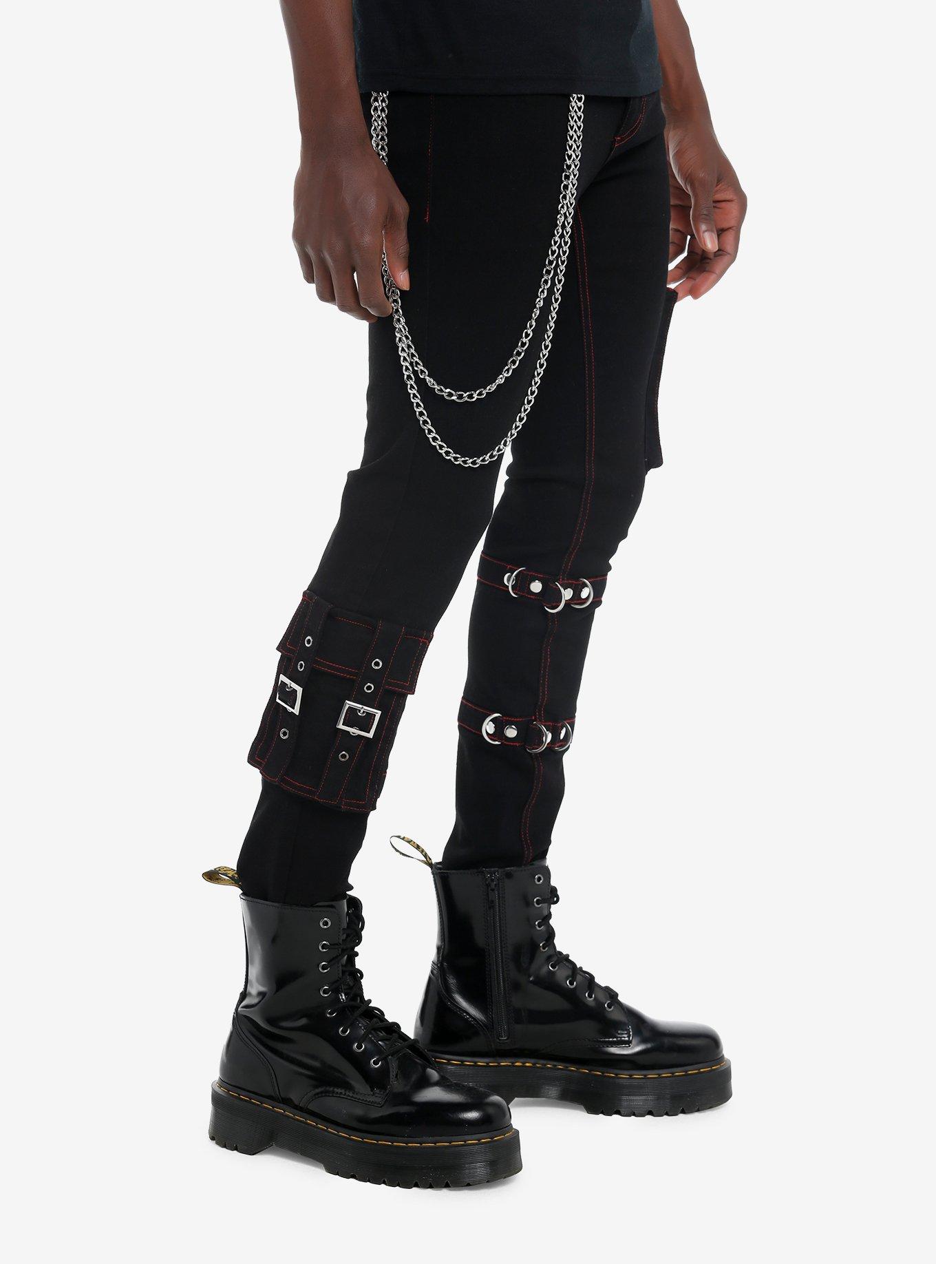 Social Collision Black Hardware Pocket Chain Stinger Jeans, RED, alternate