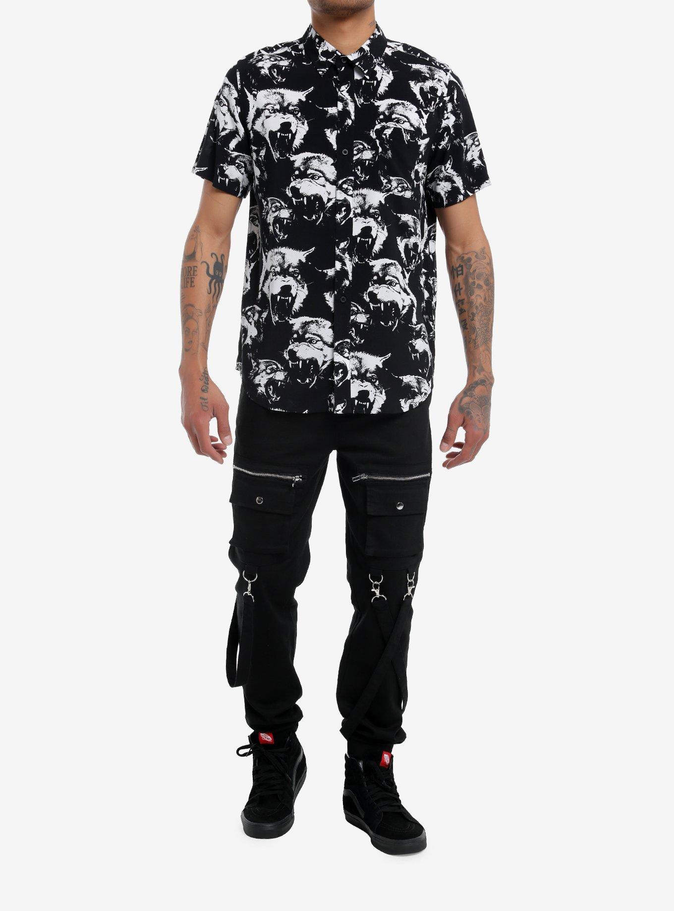 Black & White Wolf Woven Button-Up, , alternate