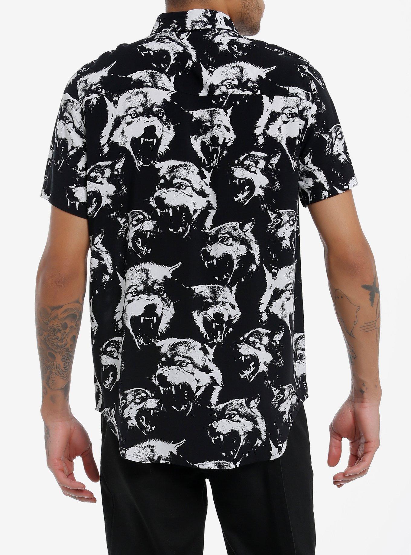 Black & White Wolf Woven Button-Up, , alternate