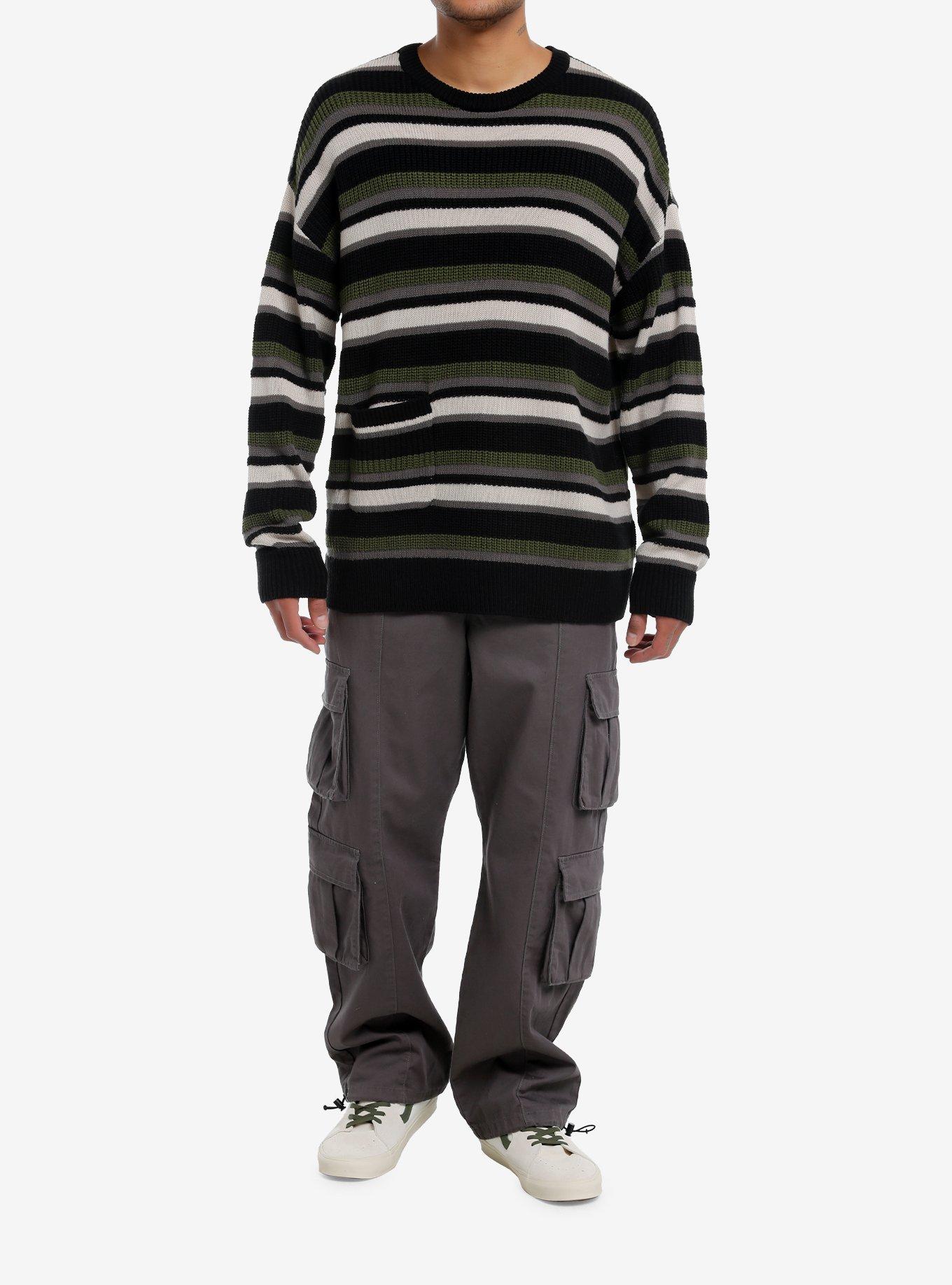 Thorn & Fable Green Black & White Stripe Knit Sweater, BROWN, alternate