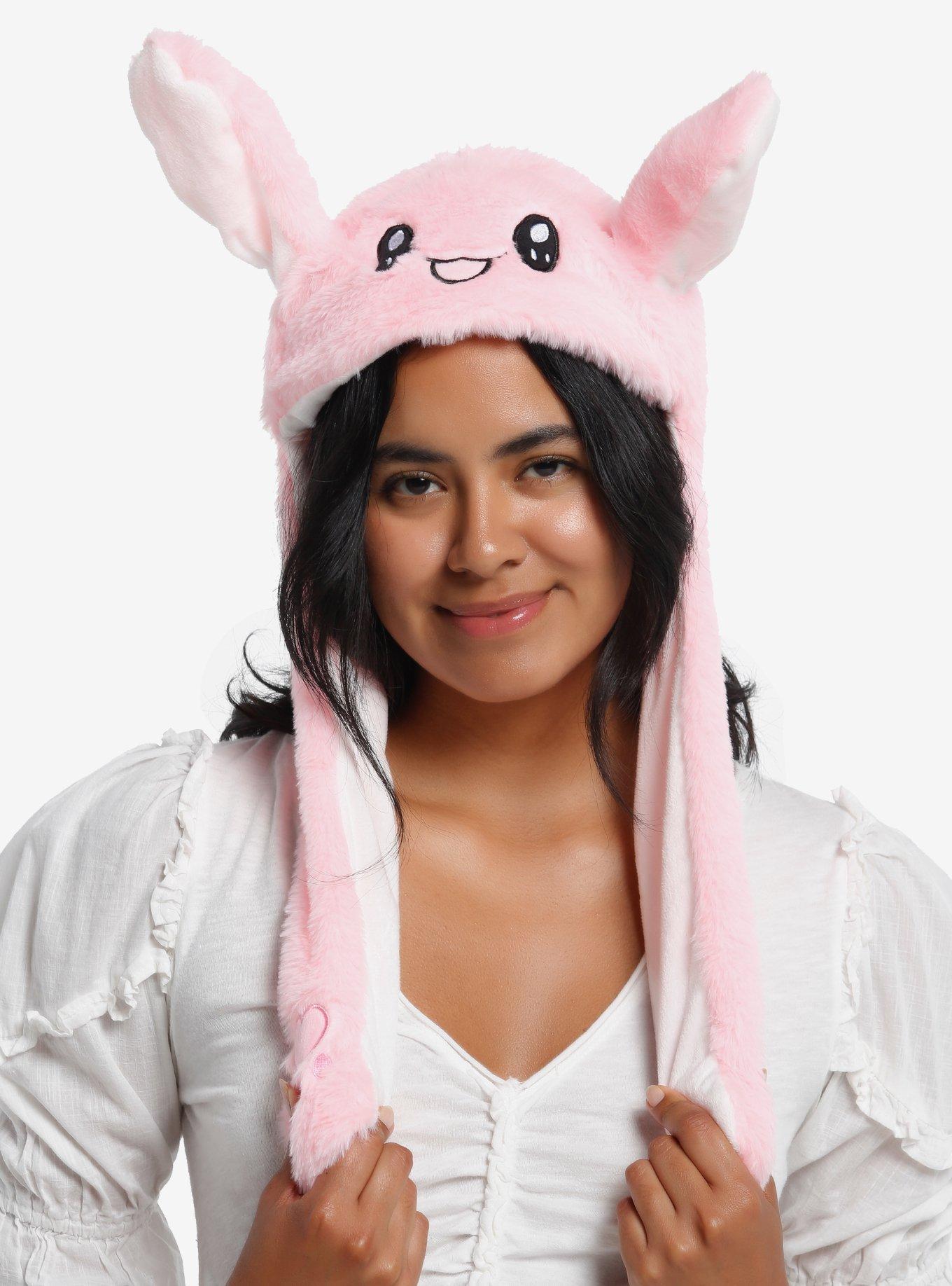 Pink Kawaii Bunny Fuzzy Tassel Beanie With Moveable Ears