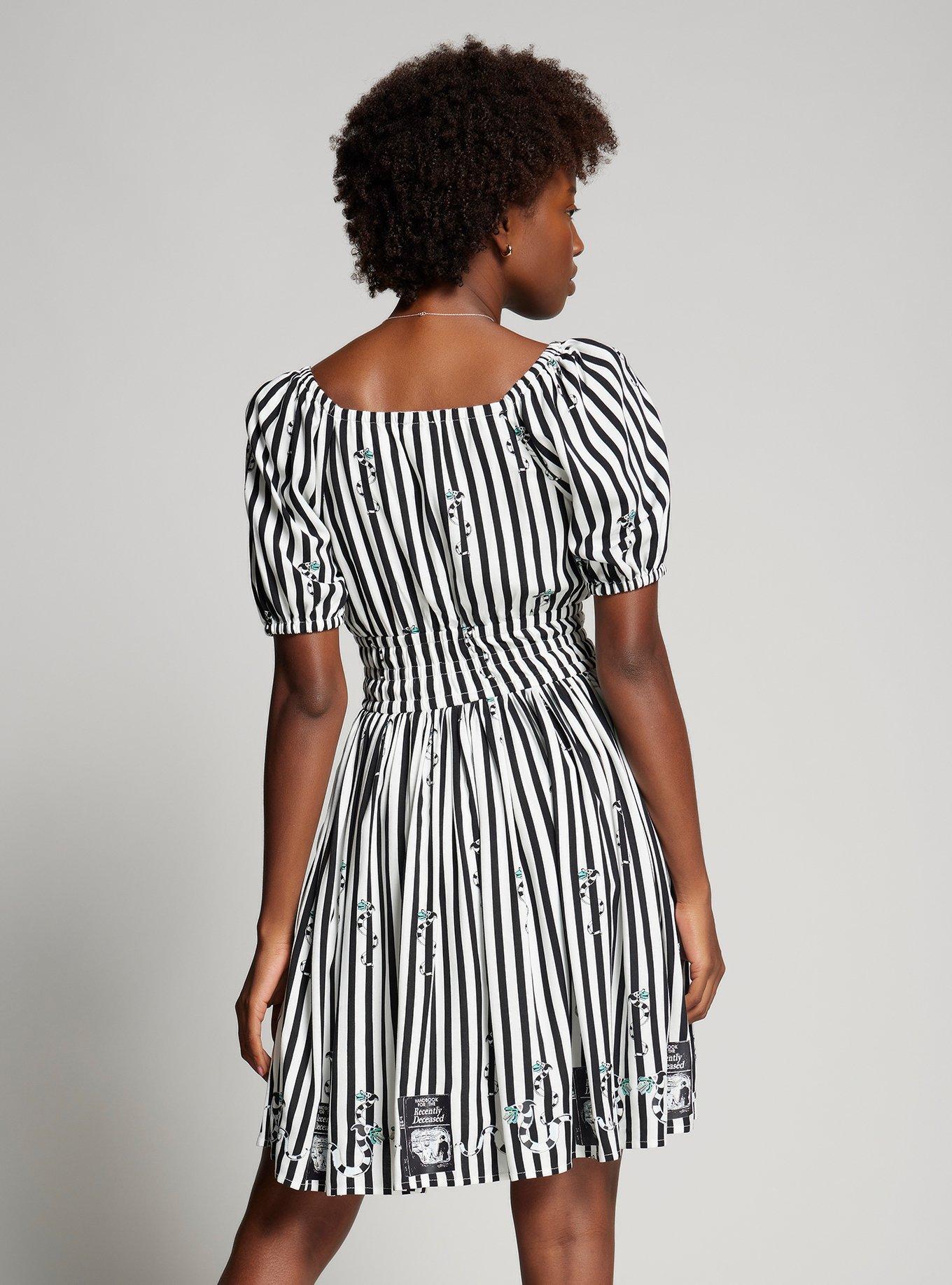 Beetlejuice Sandworm Allover Print Stripe Dress, BLACK  WHITE, alternate