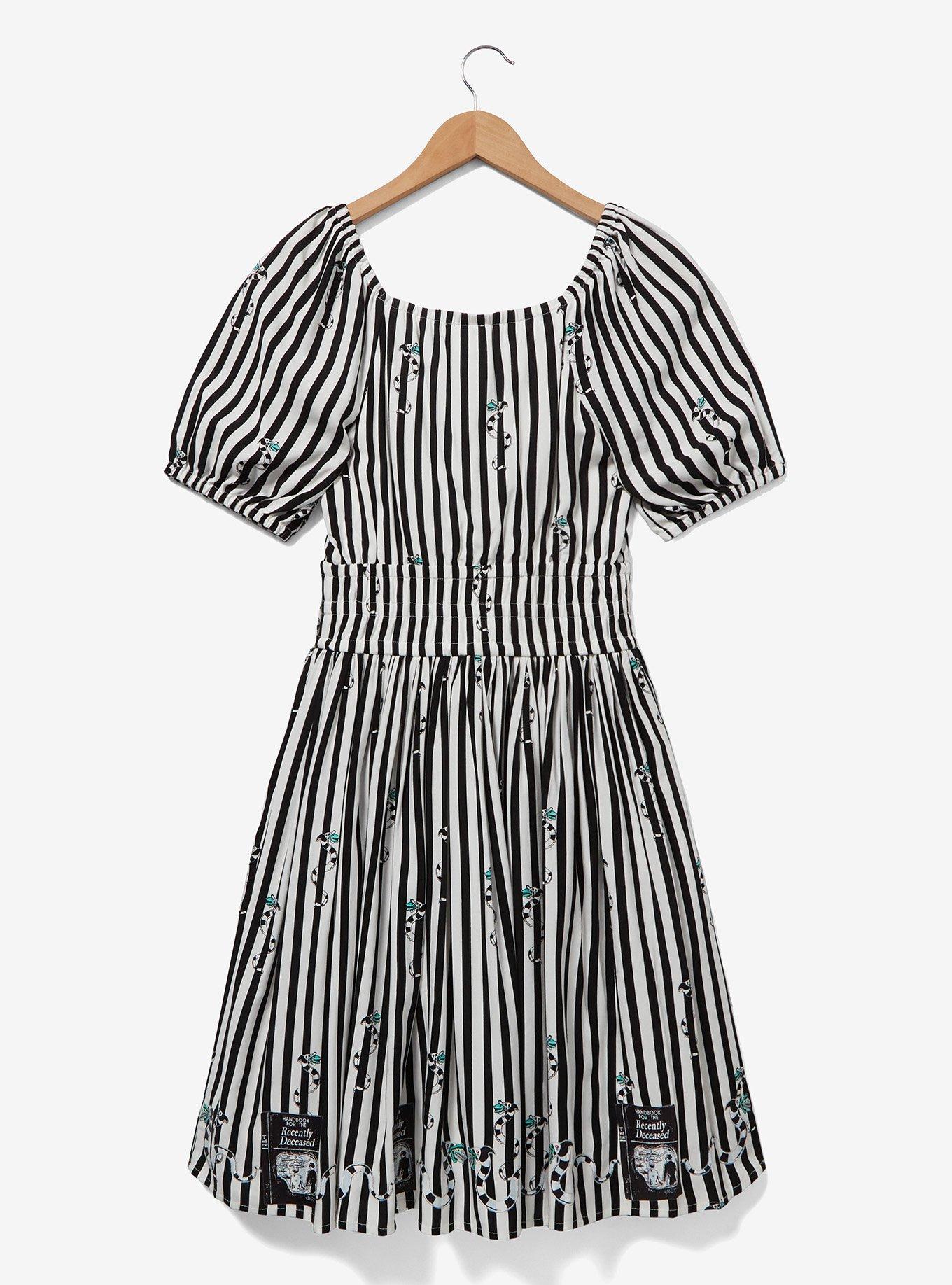 Beetlejuice Sandworm Allover Print Stripe Dress, BLACK  WHITE, alternate