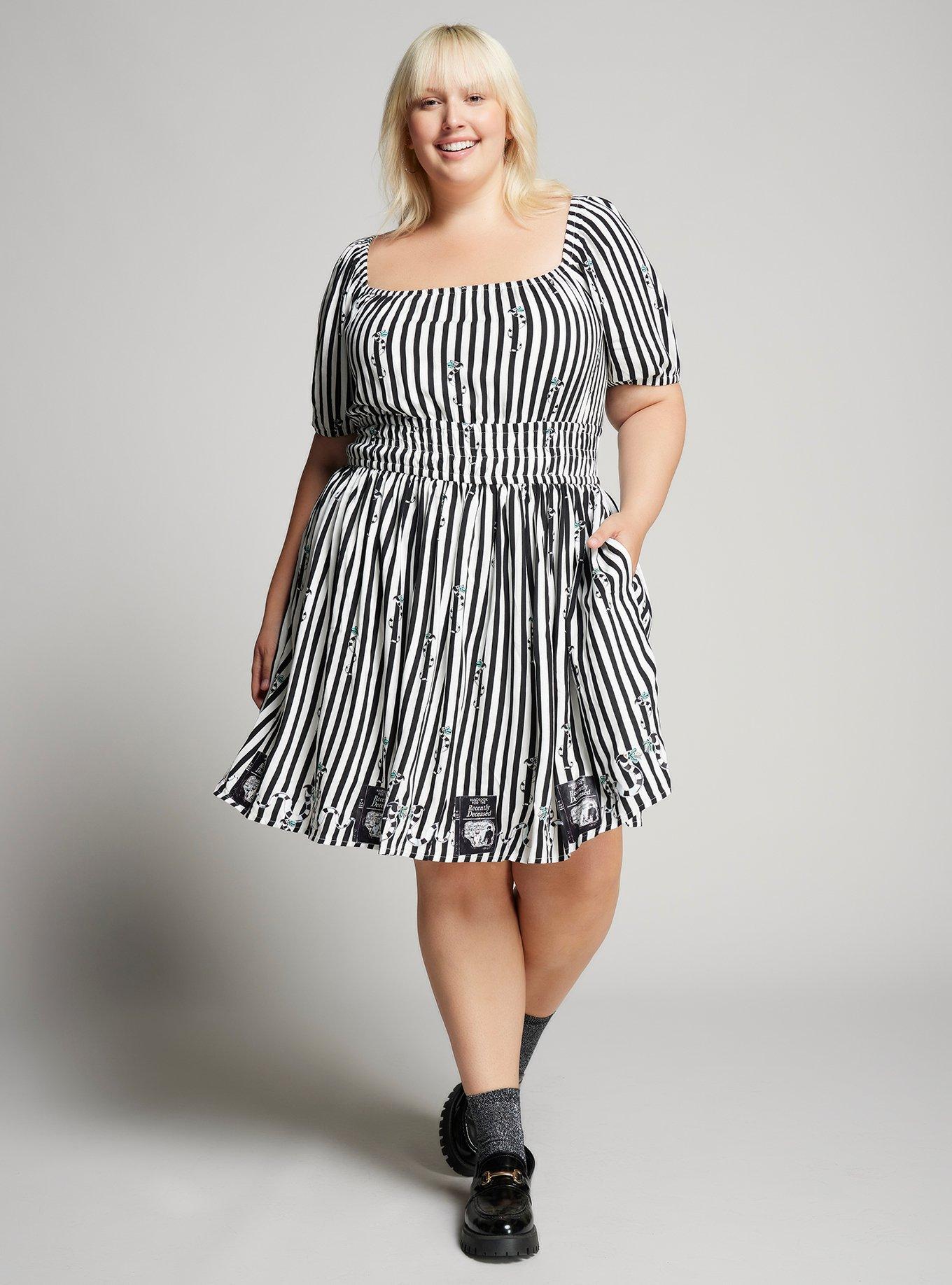 Beetlejuice Sandworm Allover Print Stripe Dress Plus Size, BLACK  WHITE, alternate