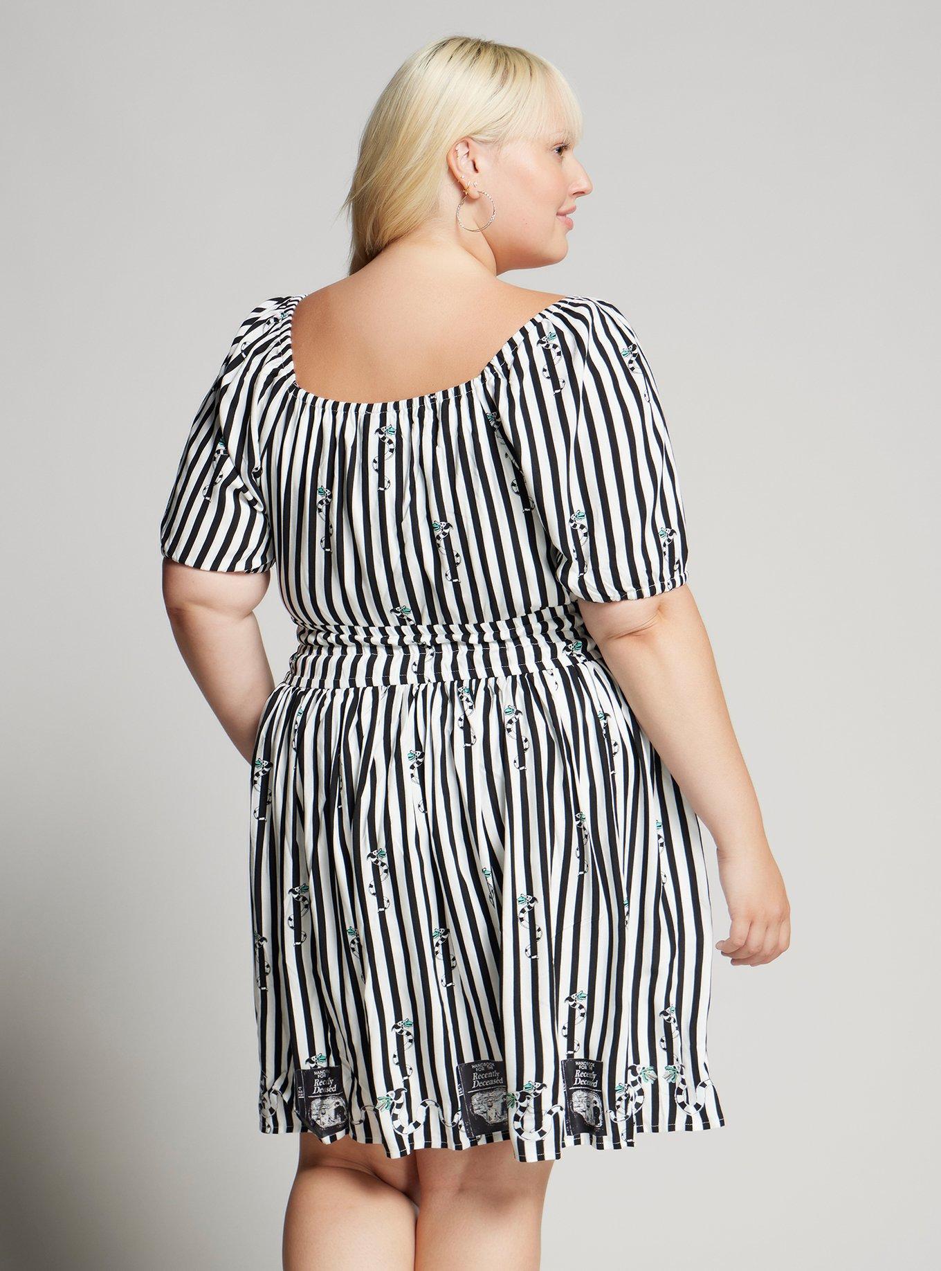 Beetlejuice Sandworm Allover Print Stripe Dress Plus Size, BLACK  WHITE, alternate