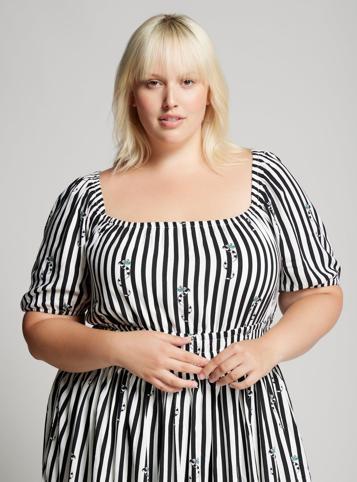 Beetlejuice Sandworm Allover Print Stripe Dress Plus Size, BLACK  WHITE, alternate