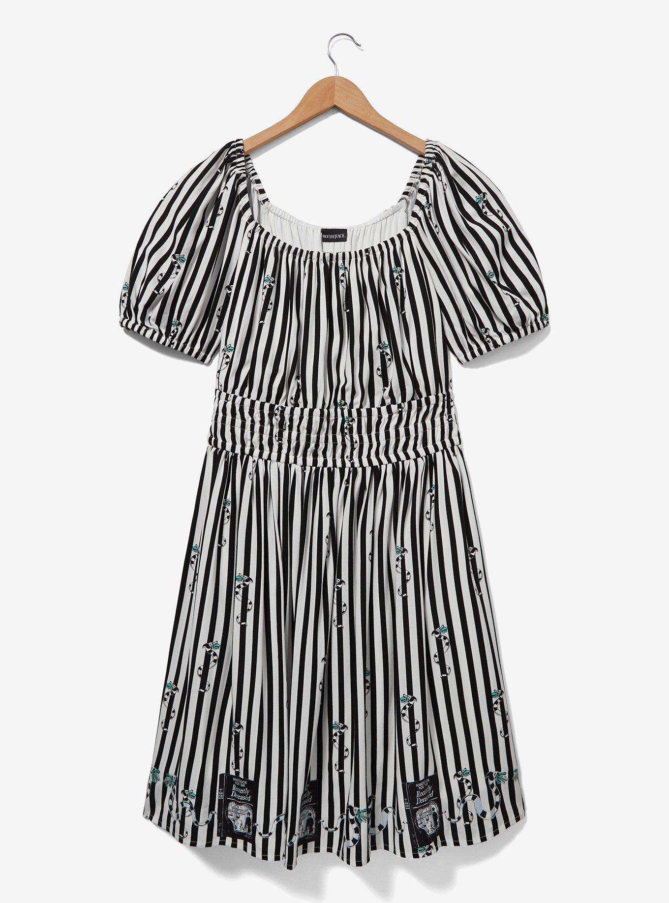 Beetlejuice Sandworm Allover Print Stripe Dress Plus Size, BLACK  WHITE, alternate