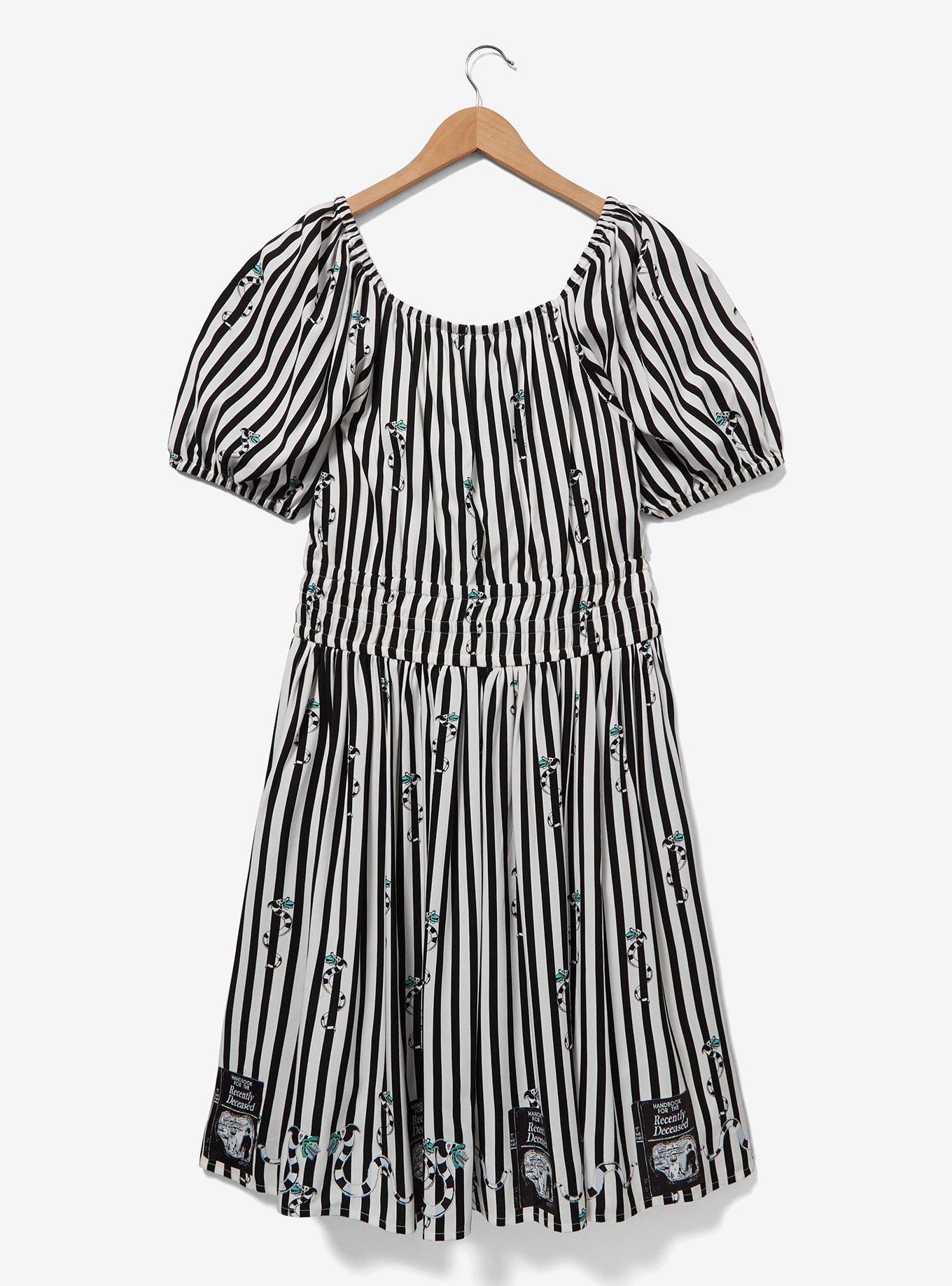 Beetlejuice Sandworm Allover Print Stripe Dress Plus Size, BLACK  WHITE, alternate