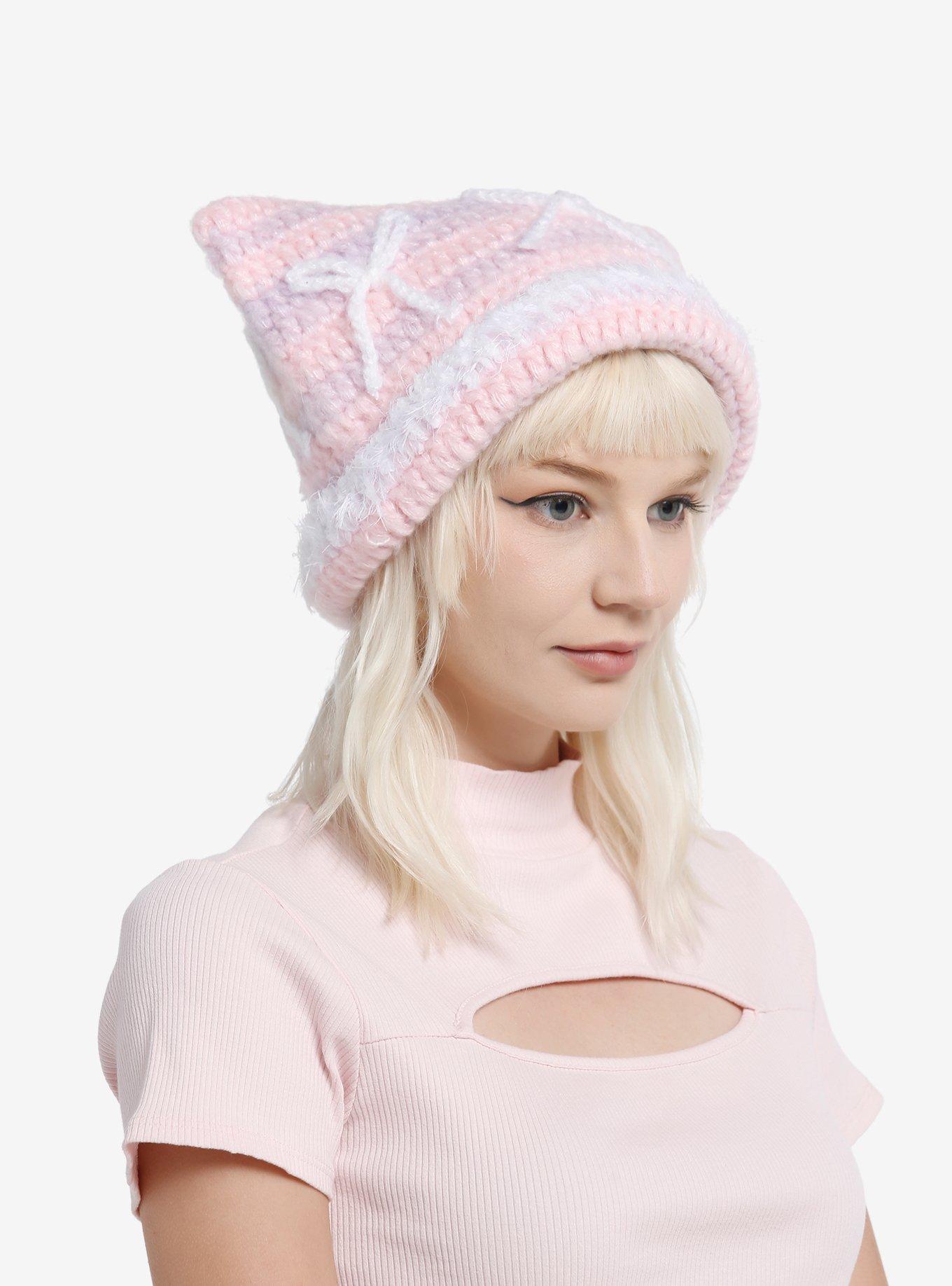 Pink Lavender Crochet Bow Cat Ear Beanie, , hi-res