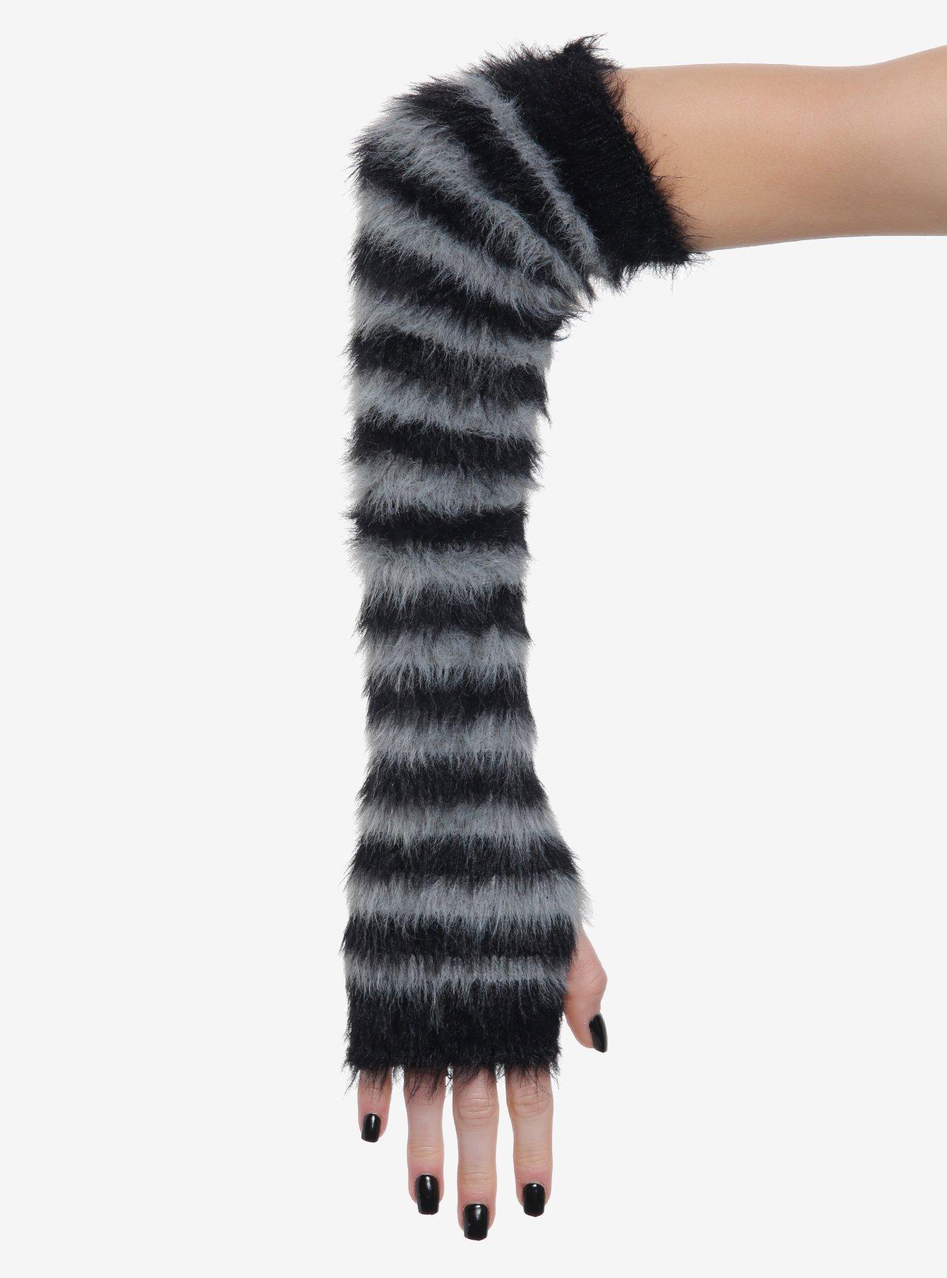 Black & Grey Stripe Fuzzy Arm Warmers, , alternate