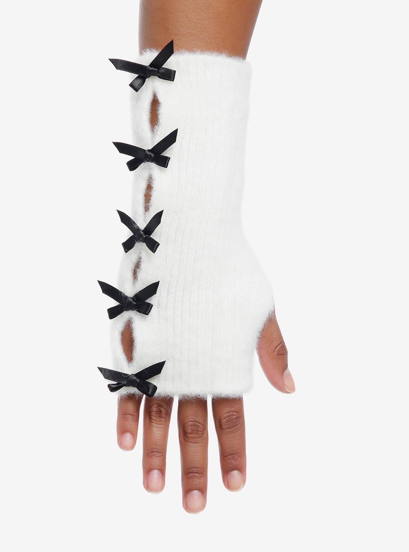 Fuzzy White Black Bow Fingerless Gloves