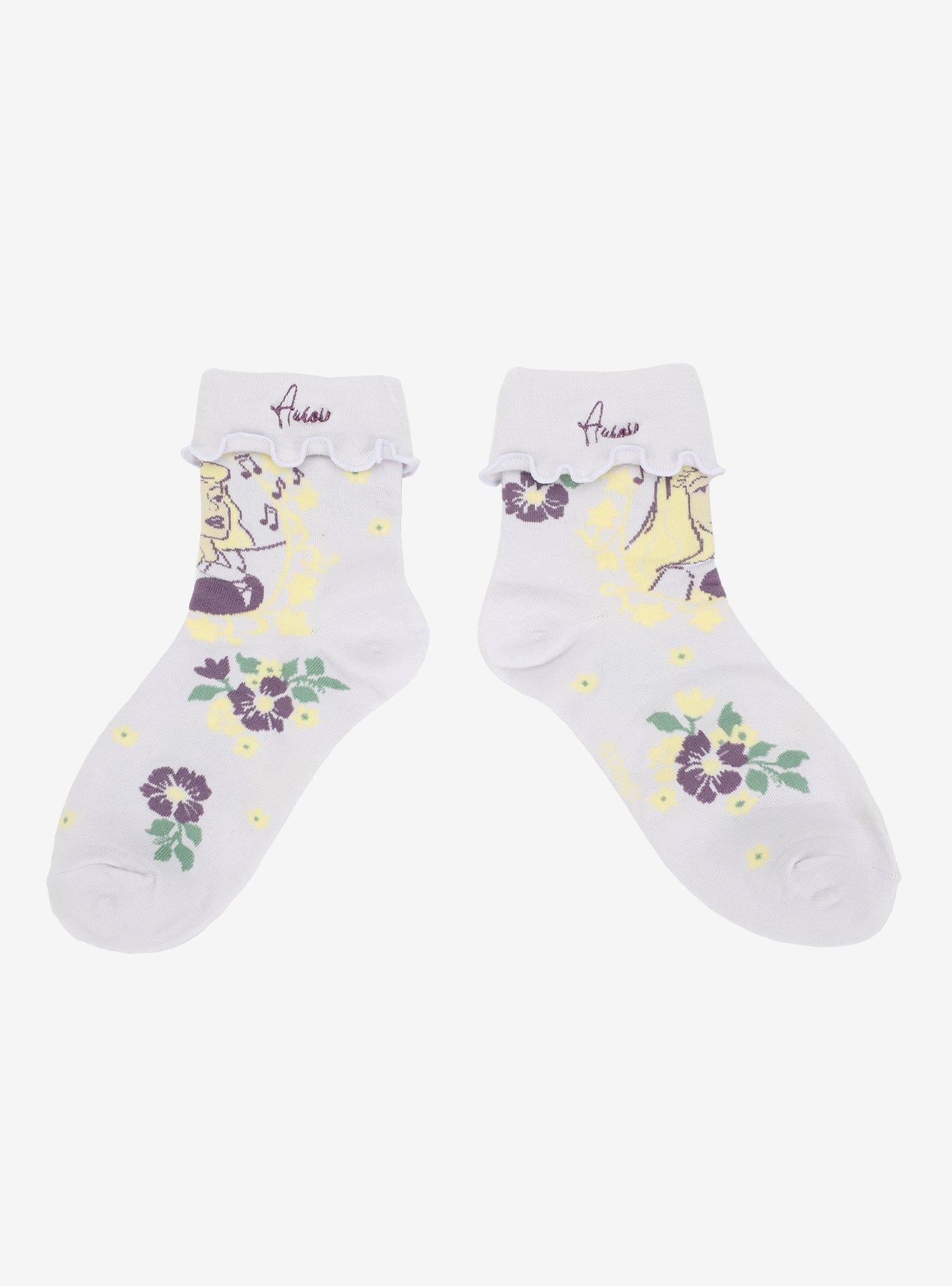 Disney Princess Floral Lettuce Hem Crew Socks 3 Pair, , alternate