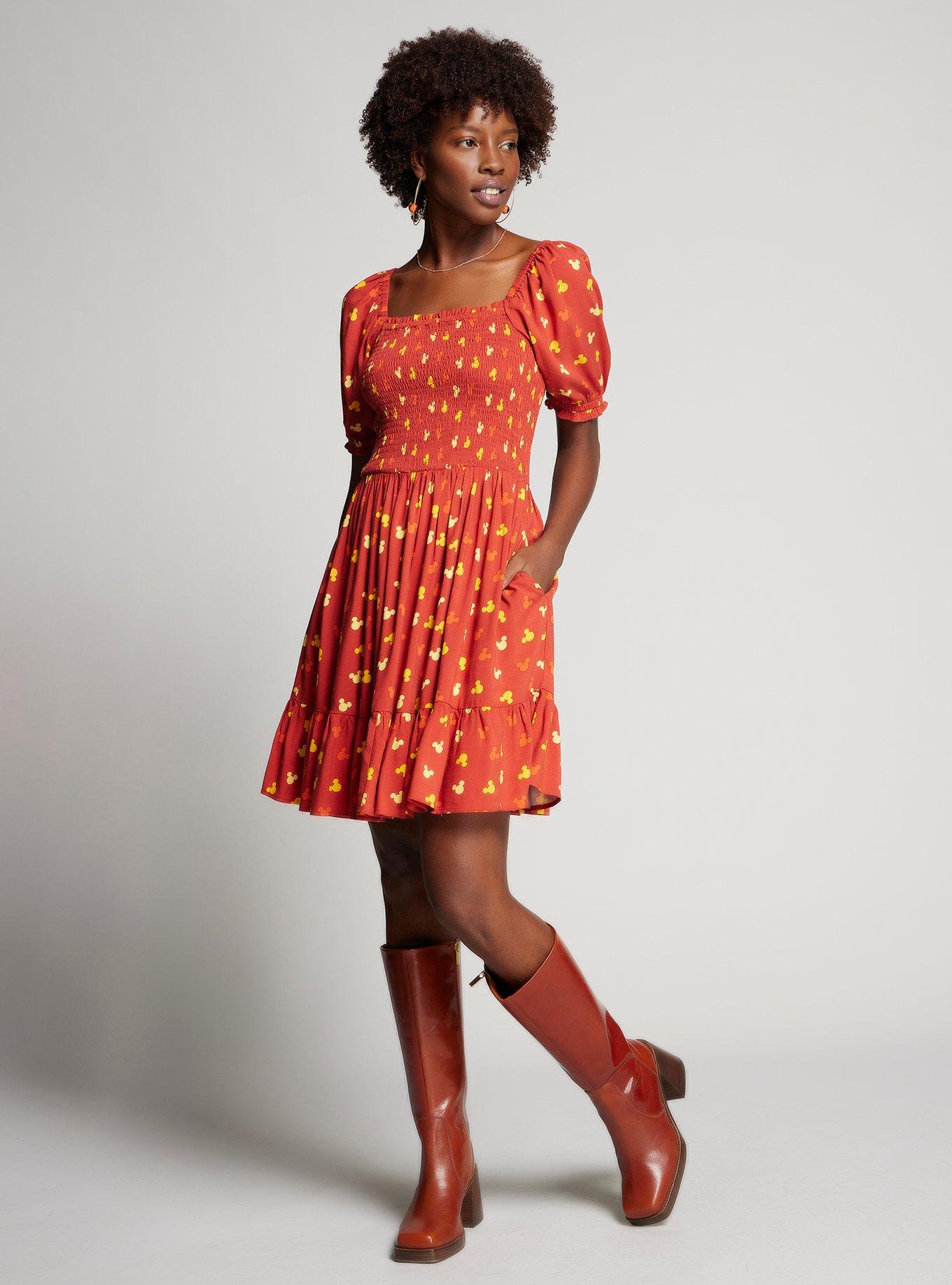 Her Universe Disney Mickey Mouse Sunset Allover Print Dress &mdash; BoxLunch Exclusive, RUST, alternate