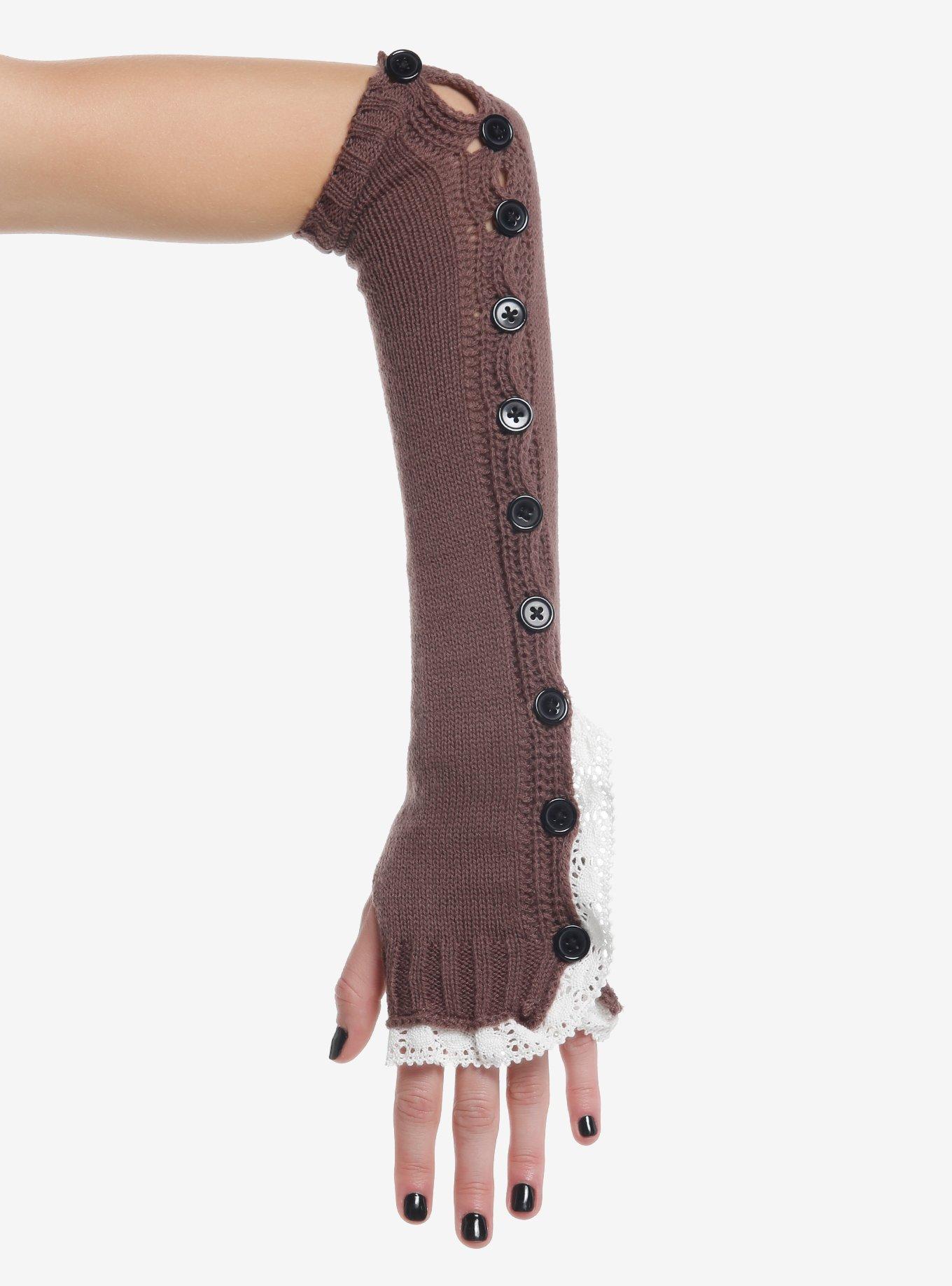 White Lace Brown Knit Arm Warmers, , hi-res