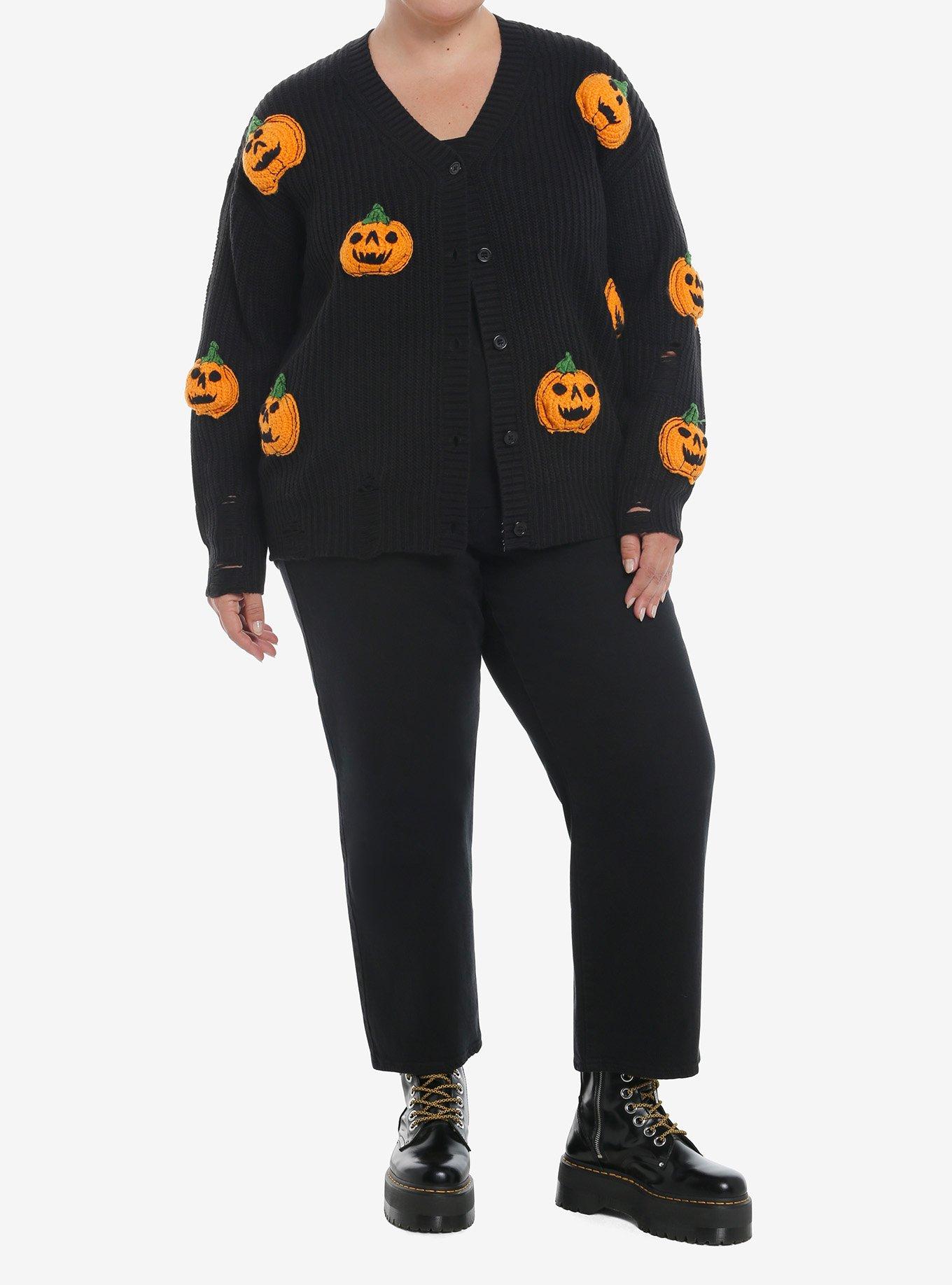 Social Collision 3D Pumpkin Destructed Girls Knit Cardigan Plus Size, ORANGE, alternate