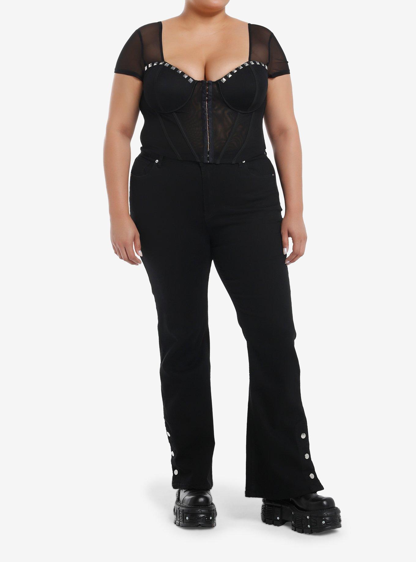 Black Pyramid Stud Mesh Girls Corset Top Plus Size, , hi-res