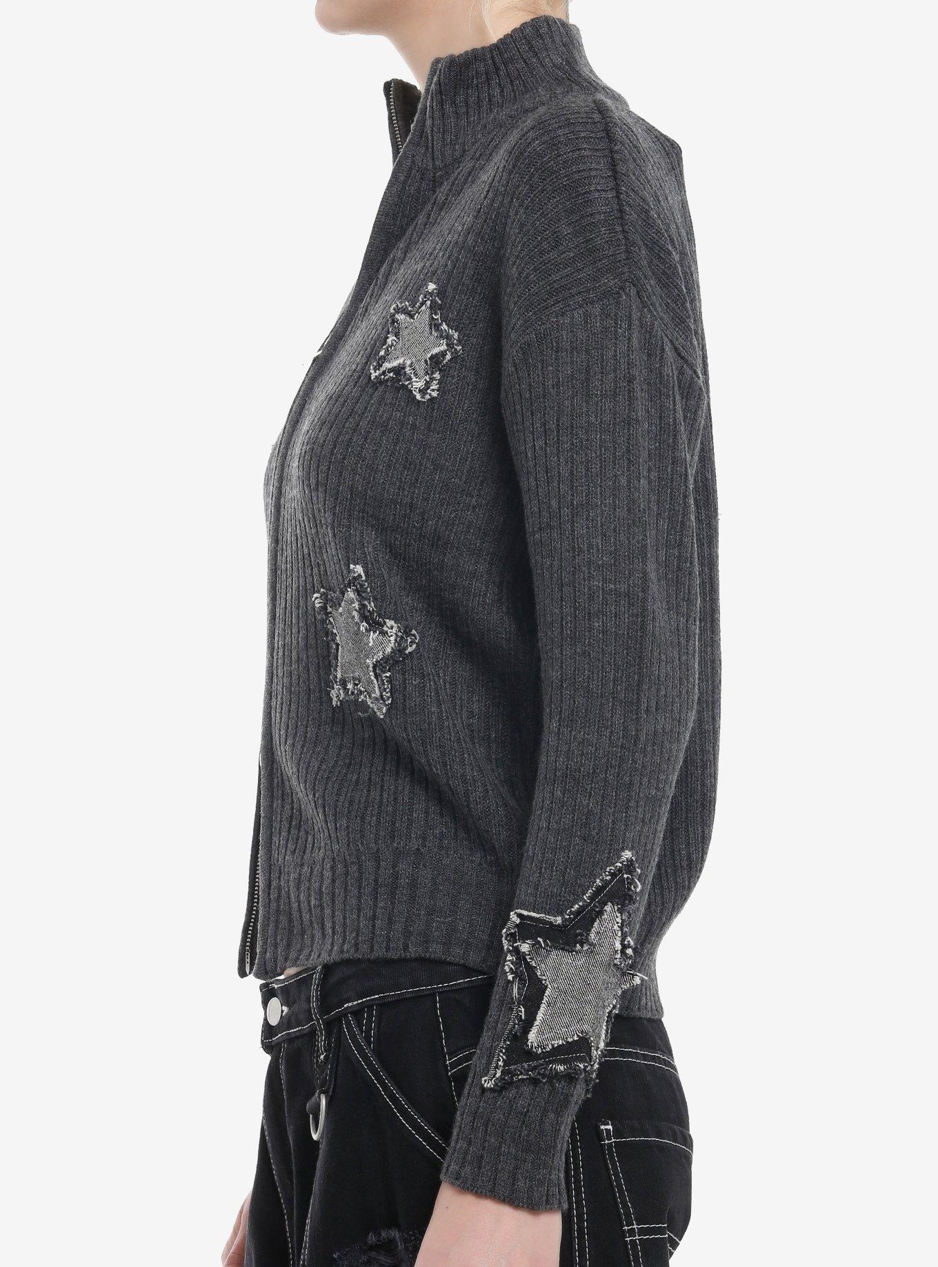 Star & Skull Patches Grey Knit Girls Jacket, , alternate